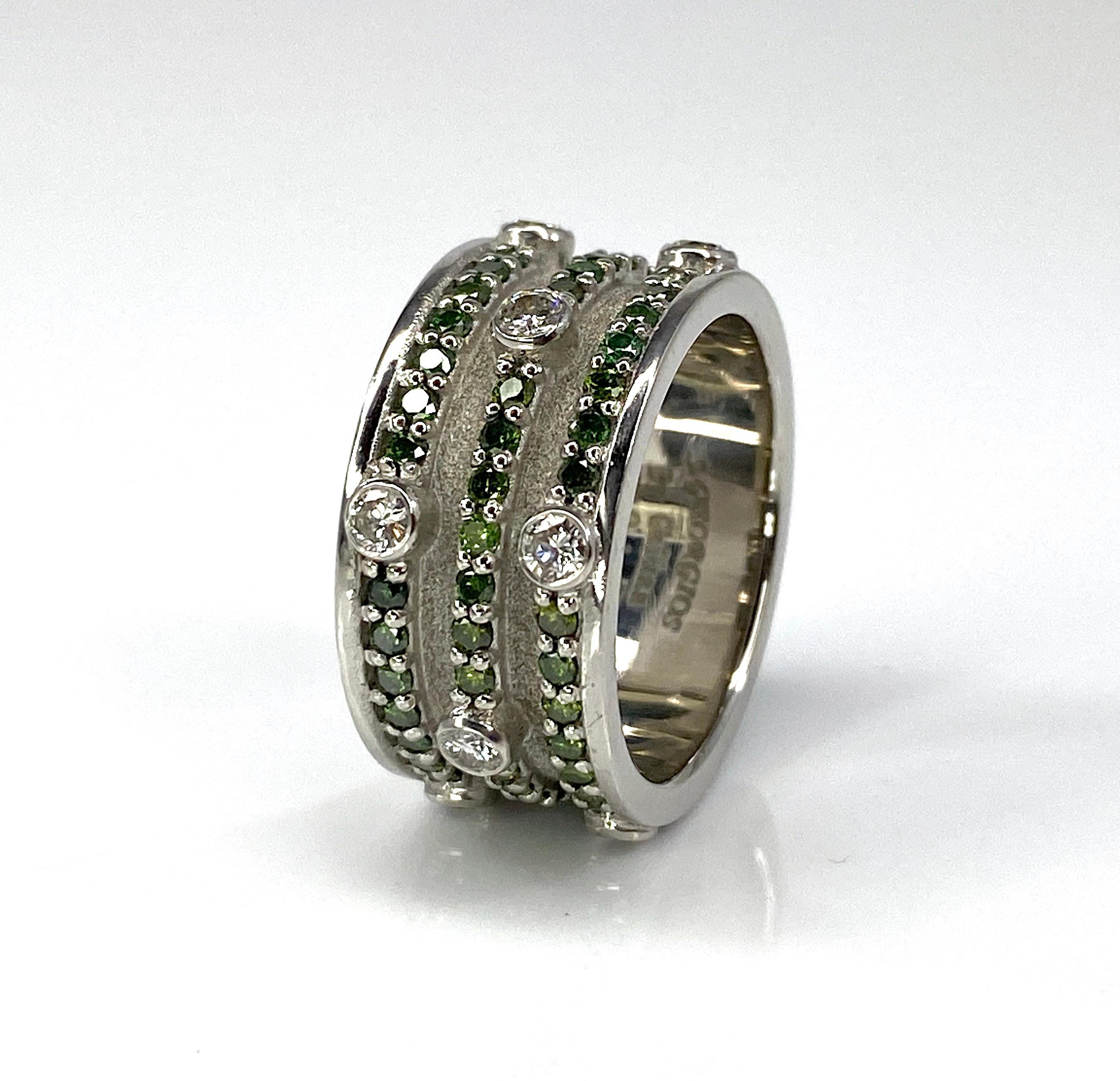 Georgios Collections 18 Karat White Gold Green and White Diamond Band Ring For Sale 4