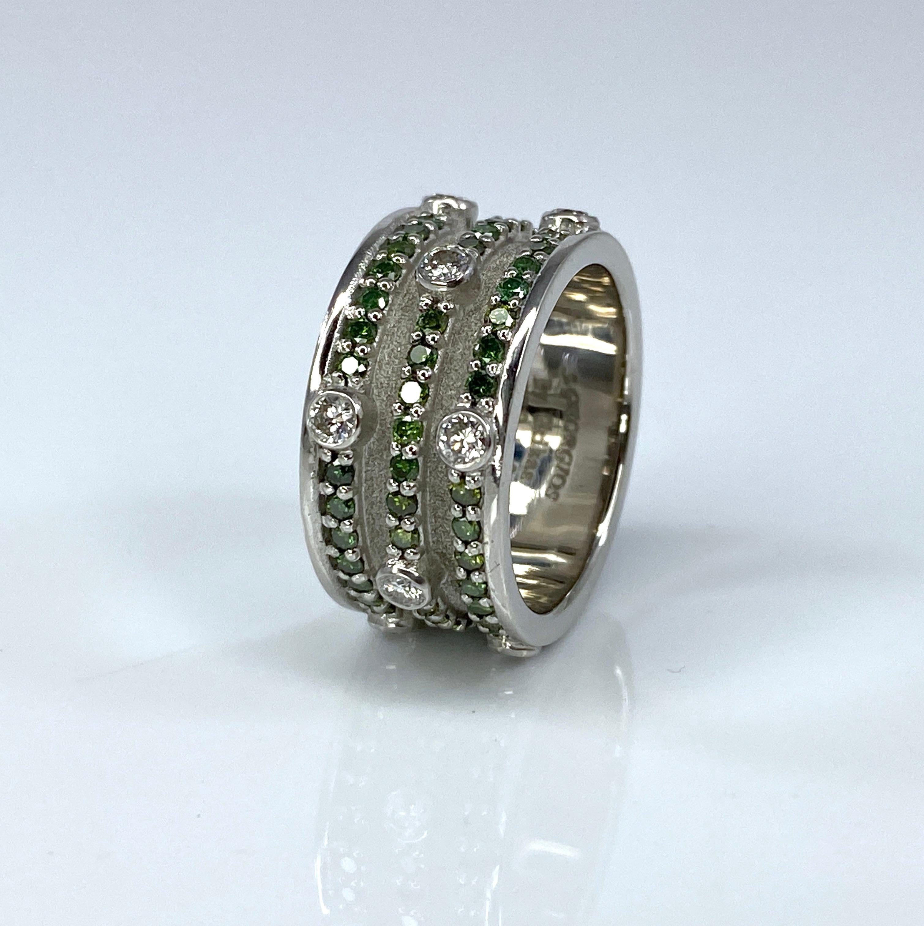 Georgios Collections 18 Karat White Gold Green and White Diamond Band Ring For Sale 5