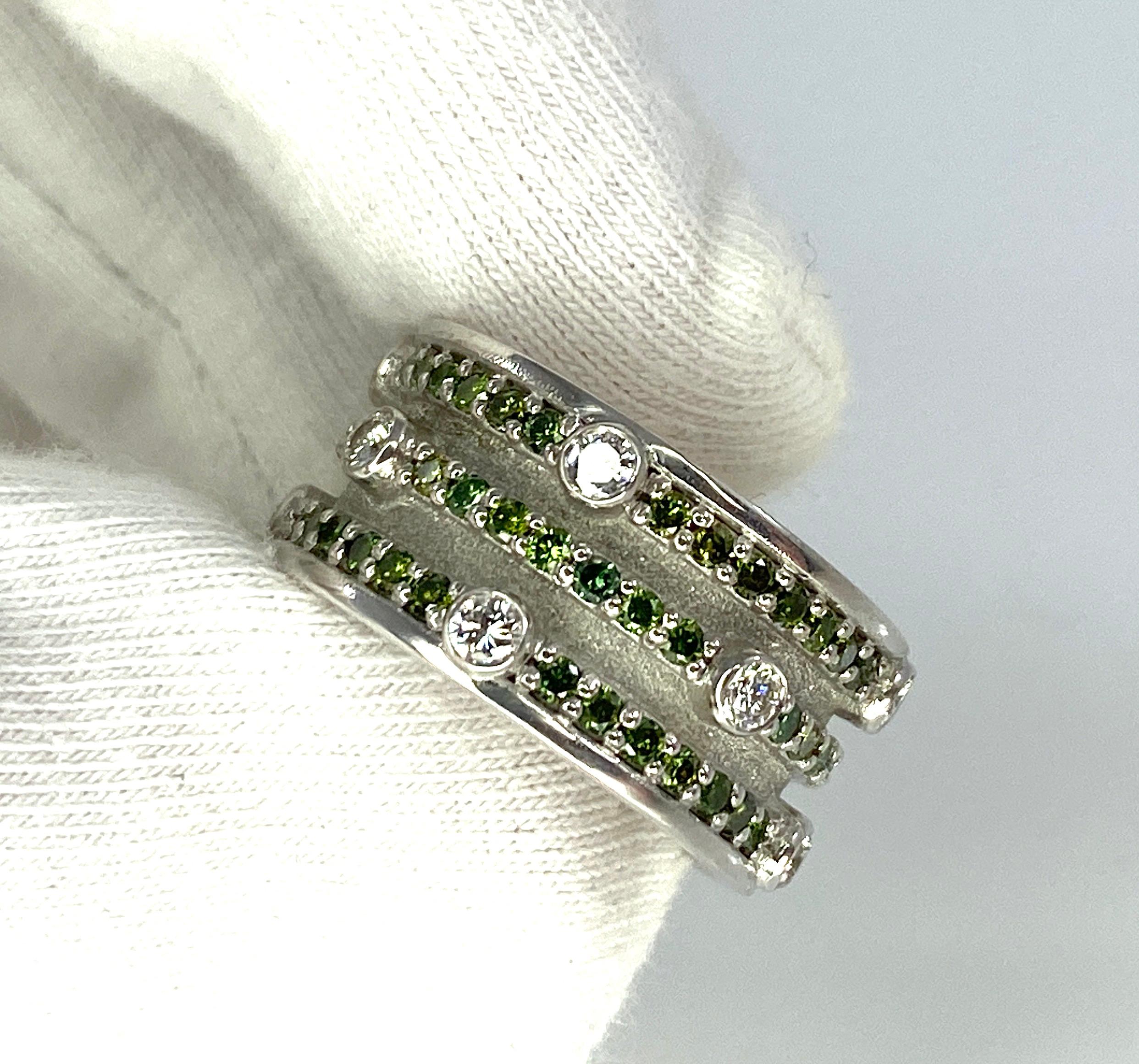 Georgios Collections 18 Karat White Gold Green and White Diamond Band Ring For Sale 6