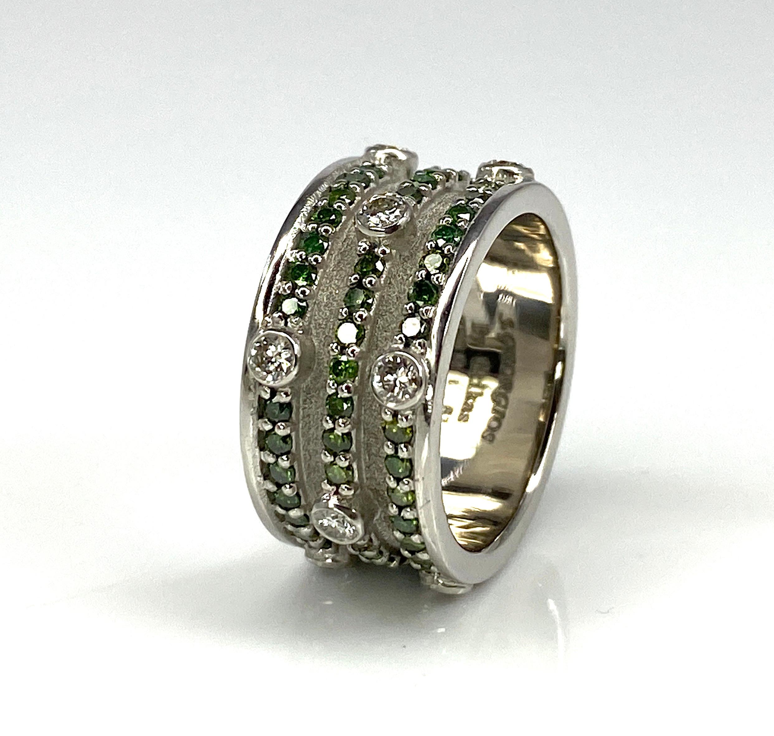Women's or Men's Georgios Collections 18 Karat White Gold Green and White Diamond Band Ring For Sale