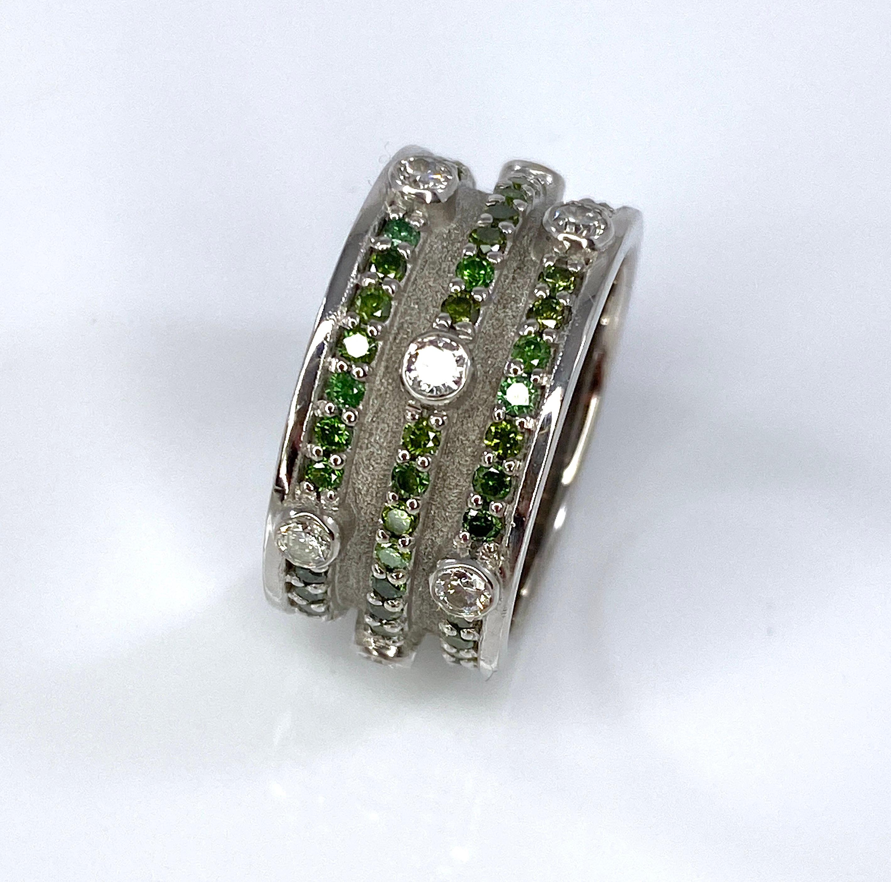 Georgios Collections 18 Karat White Gold Green and White Diamond Band Ring For Sale 1