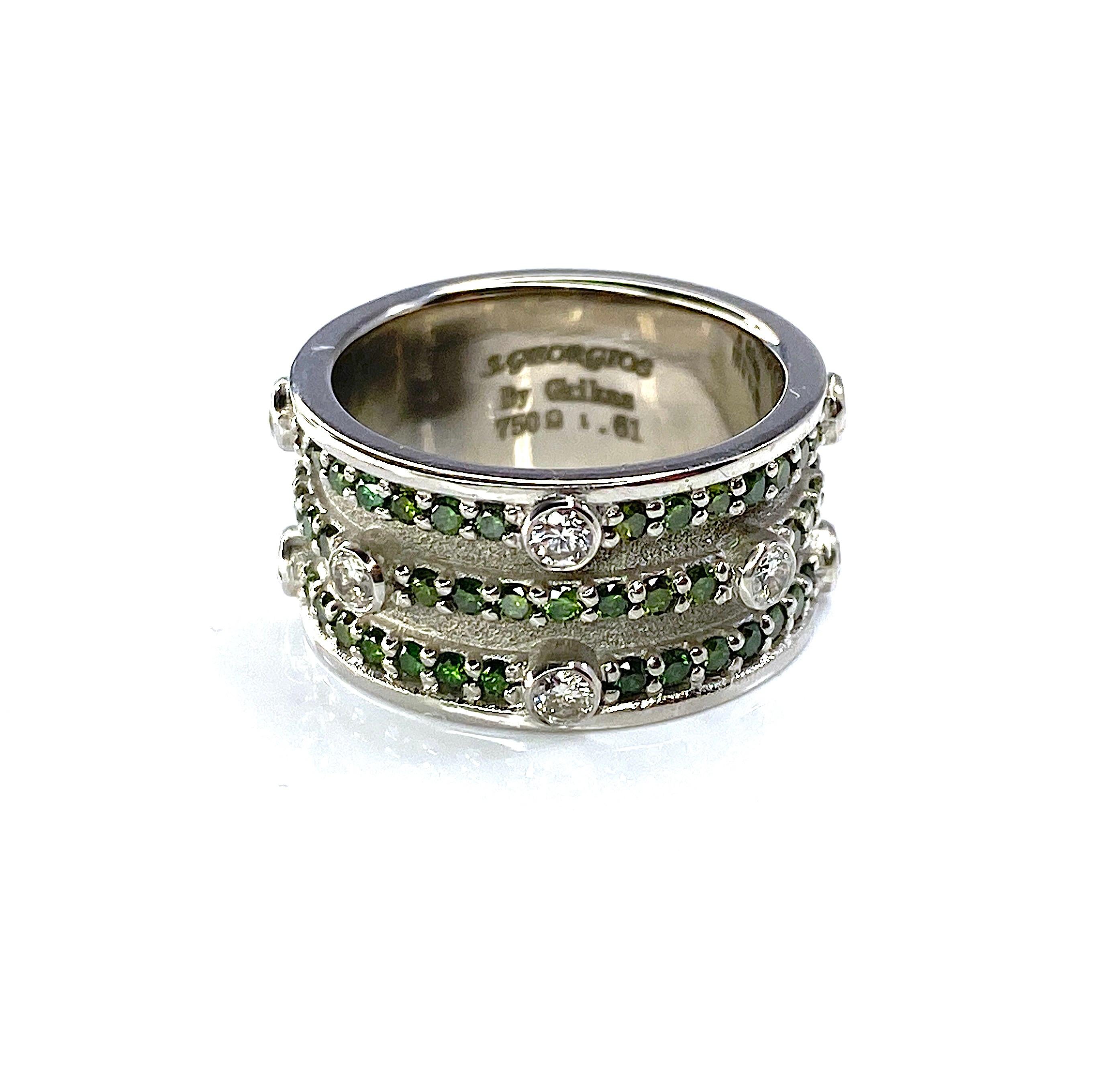 Georgios Collections 18 Karat White Gold Green and White Diamond Band Ring For Sale 2