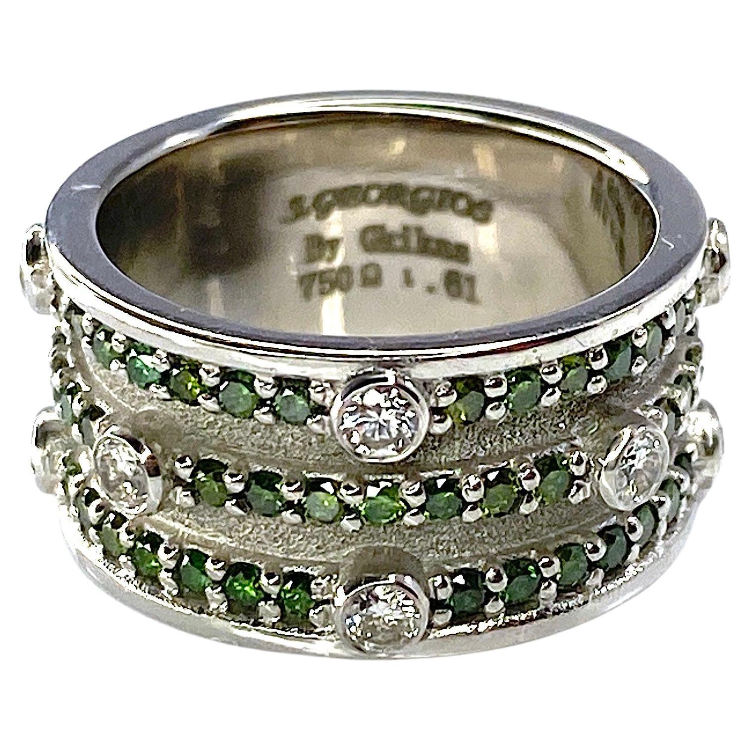 Georgios Collections 18 Karat White Gold Green and White Diamond Band Ring For Sale