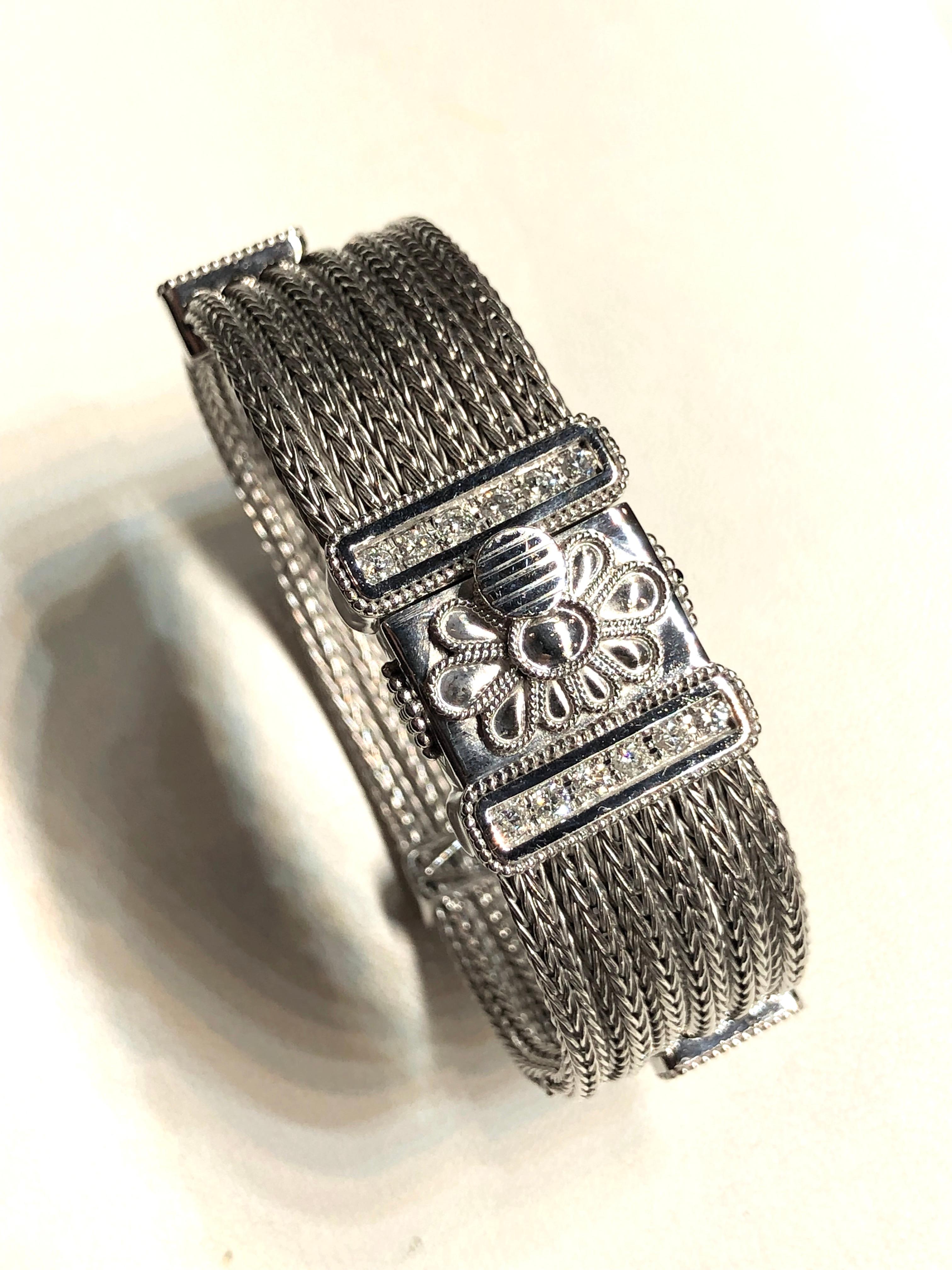 Contemporary Georgios Collections 18 Karat White Gold Knitted Flexible Bracelet with Diamonds For Sale