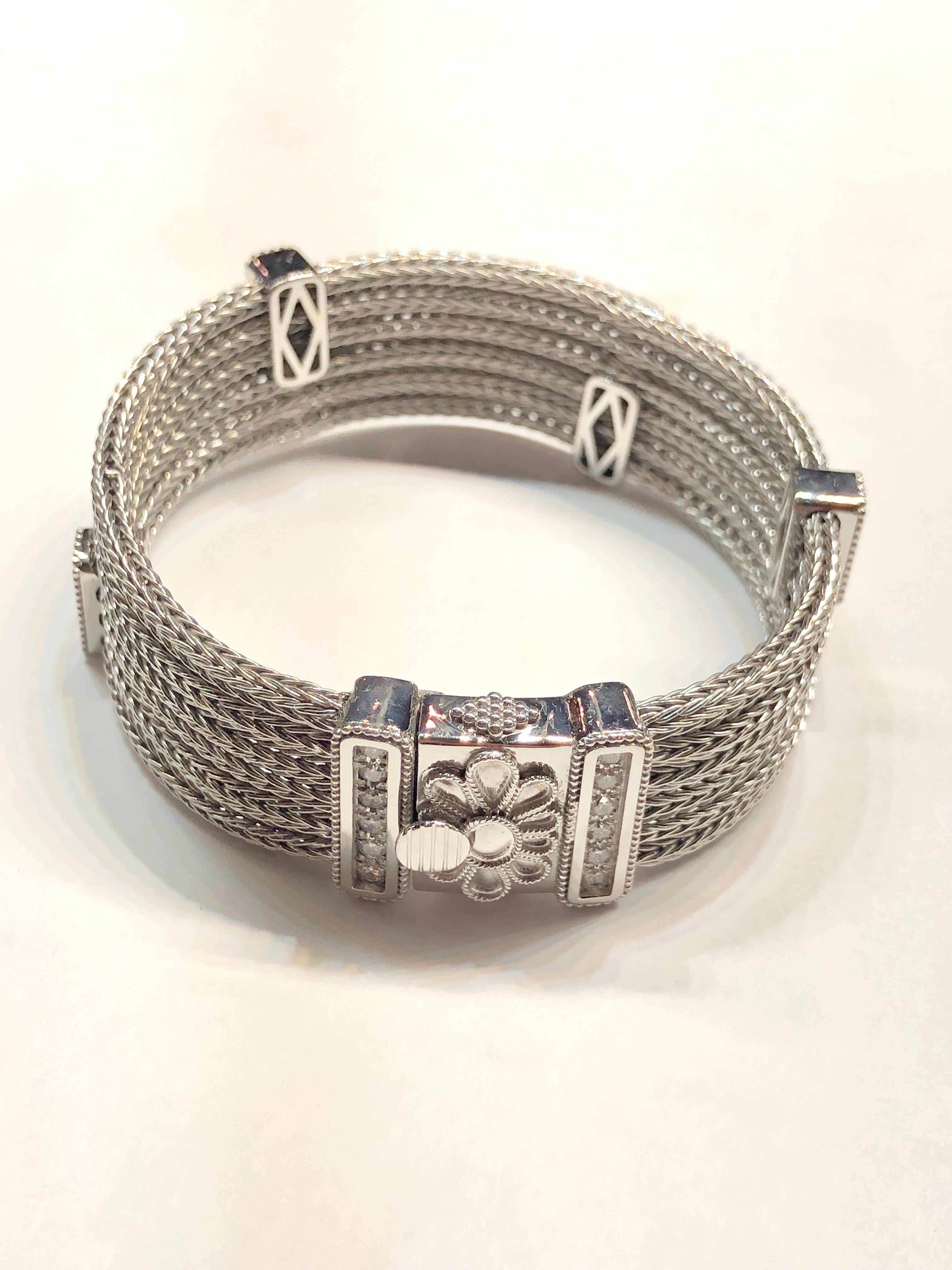 Round Cut Georgios Collections 18 Karat White Gold Knitted Flexible Bracelet with Diamonds For Sale