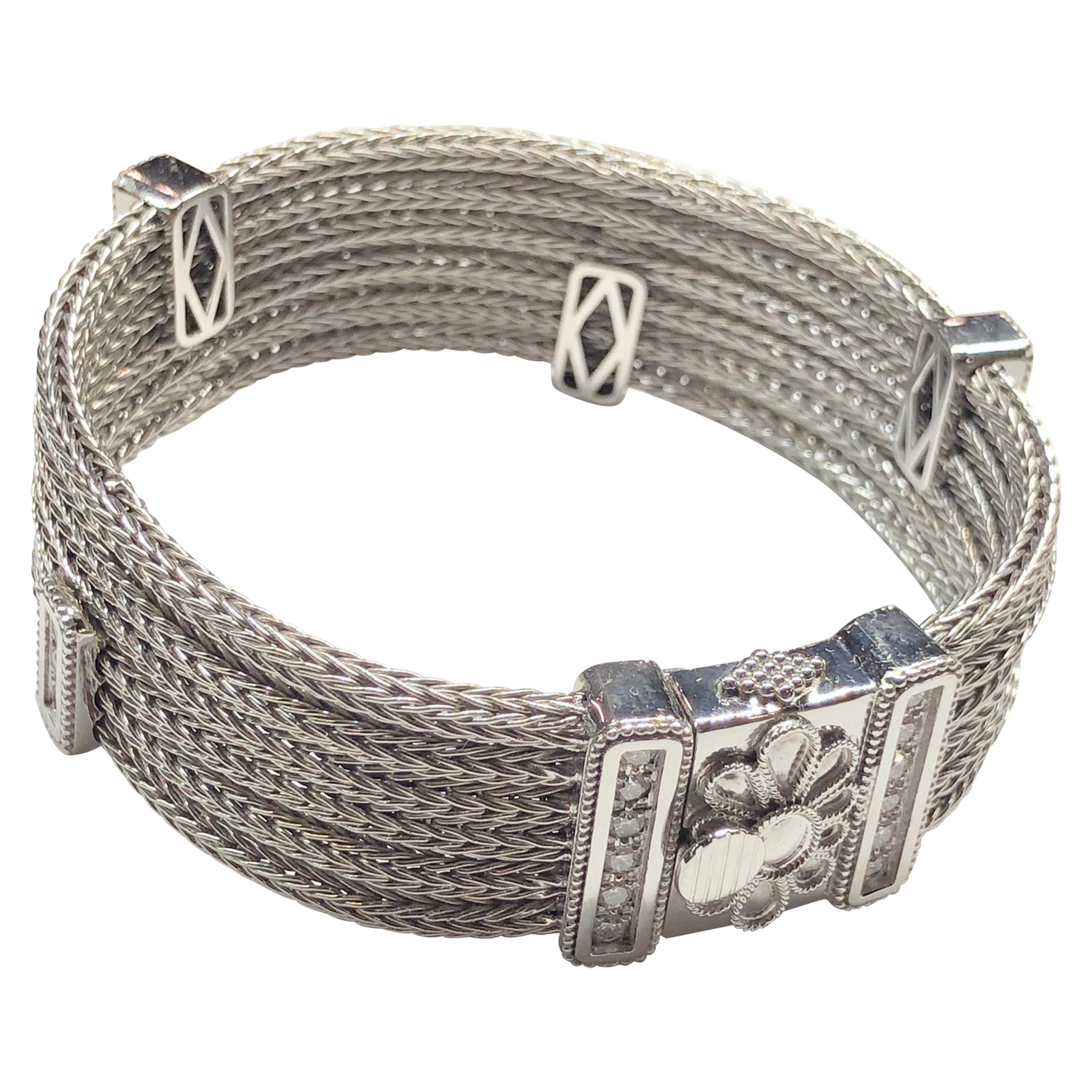 Georgios Collections 18 Karat White Gold Knitted Flexible Bracelet with Diamonds For Sale