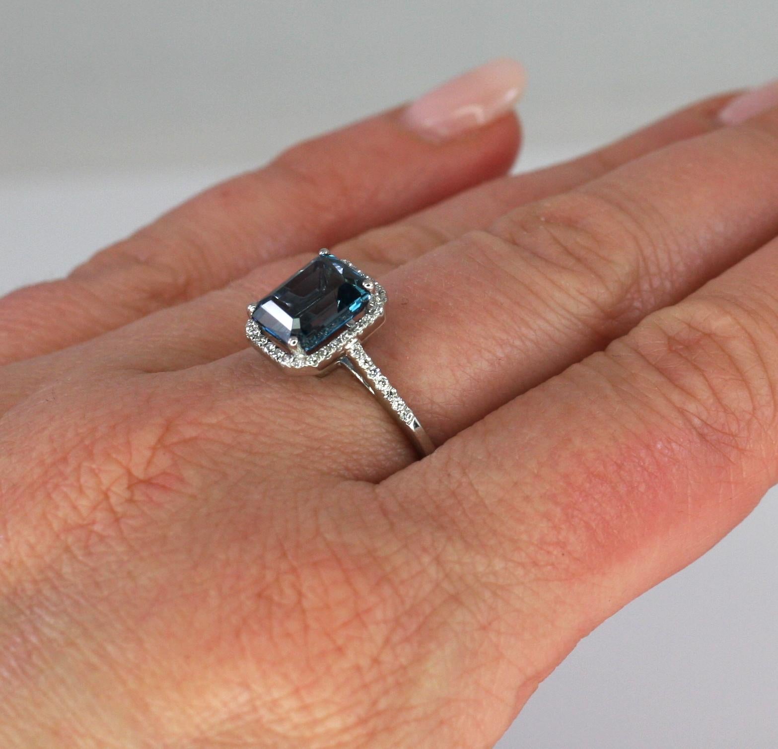Women's Georgios Collections 18 Karat White Gold London Blue Topaz Ring with Diamonds For Sale