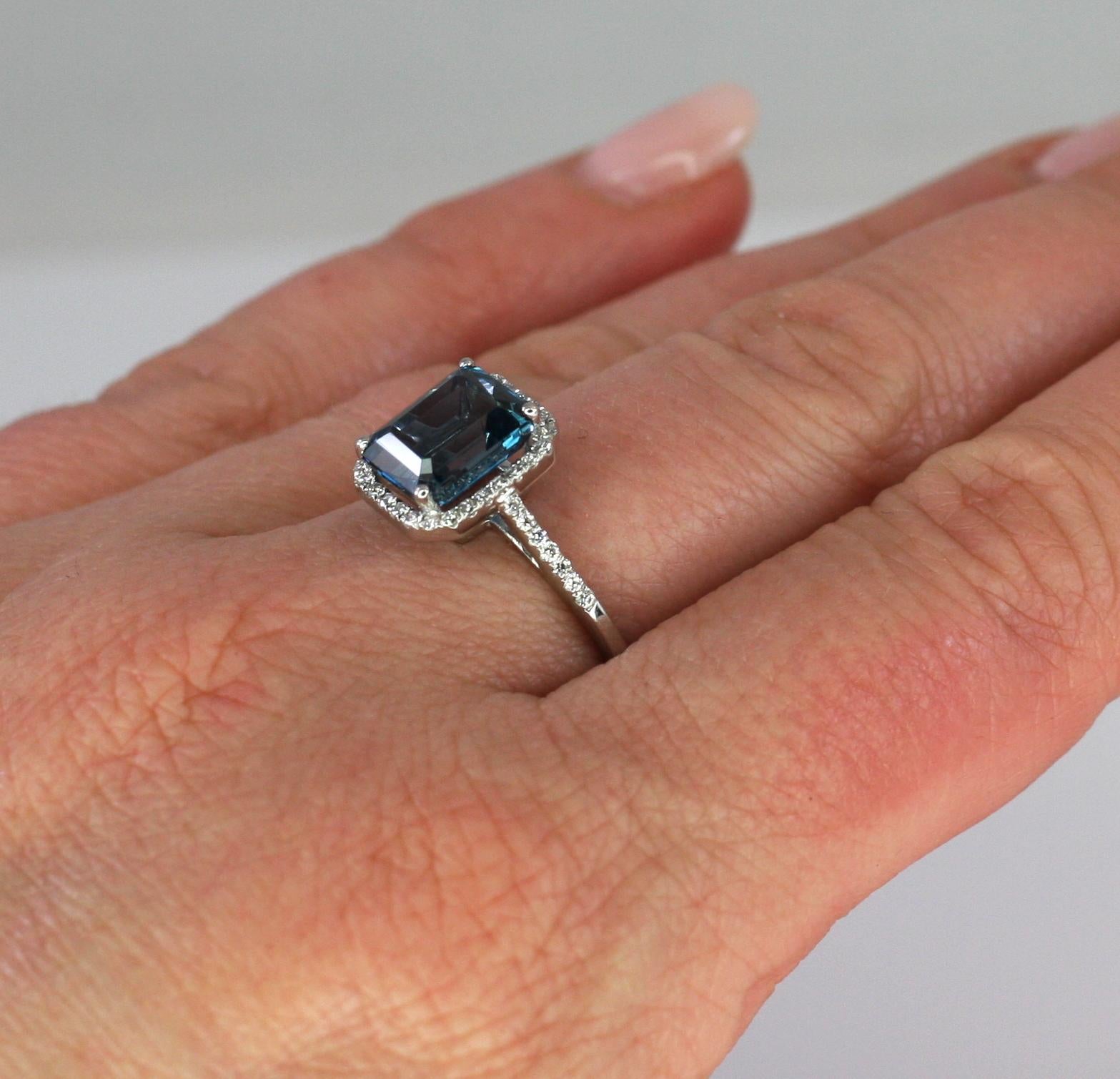 Women's Georgios Collections 18 Karat White Gold London Blue Topaz Ring with Diamonds For Sale