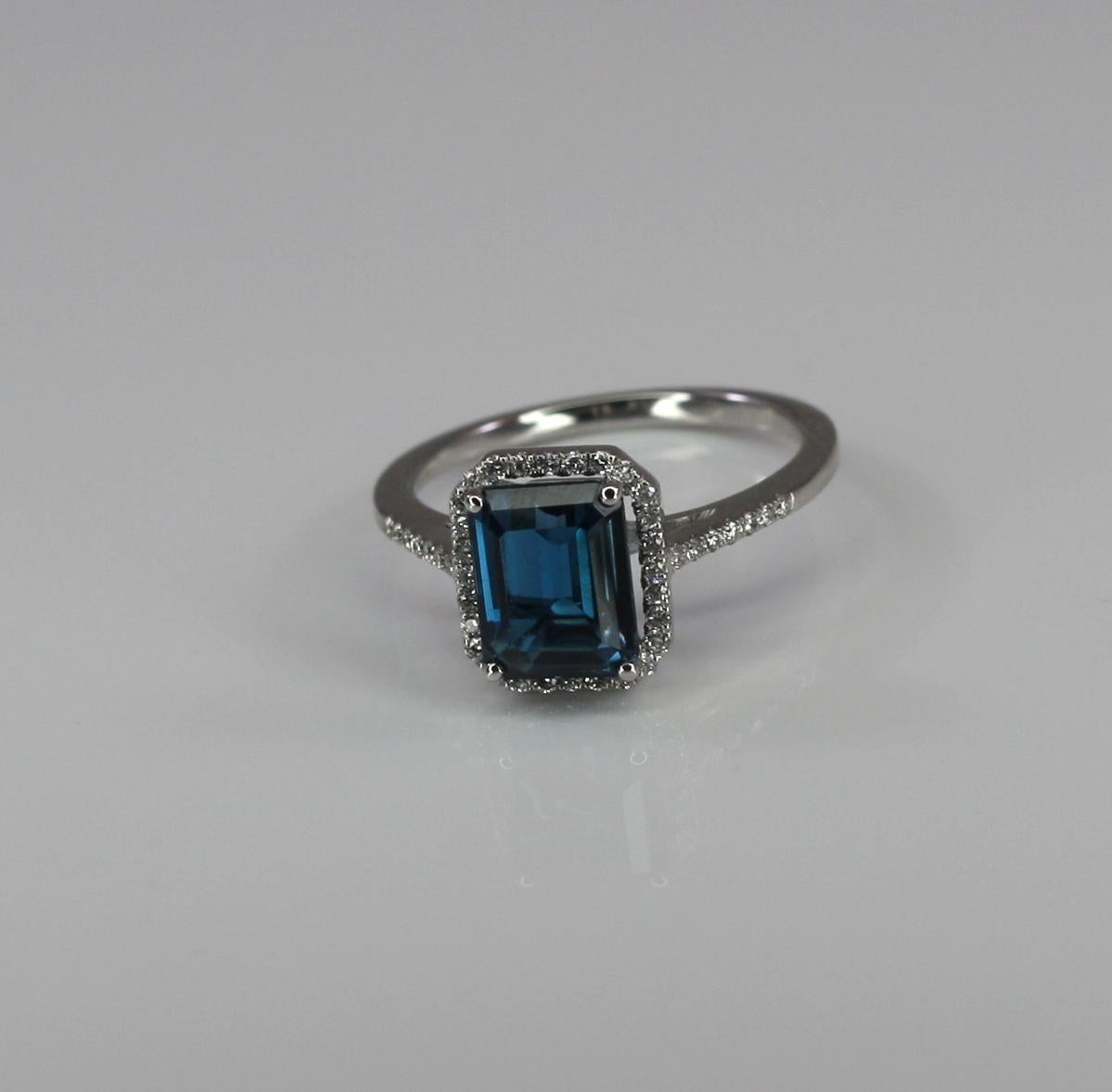 Emerald Cut Georgios Collections 18 Karat White Gold London Blue Topaz Ring with Diamonds For Sale