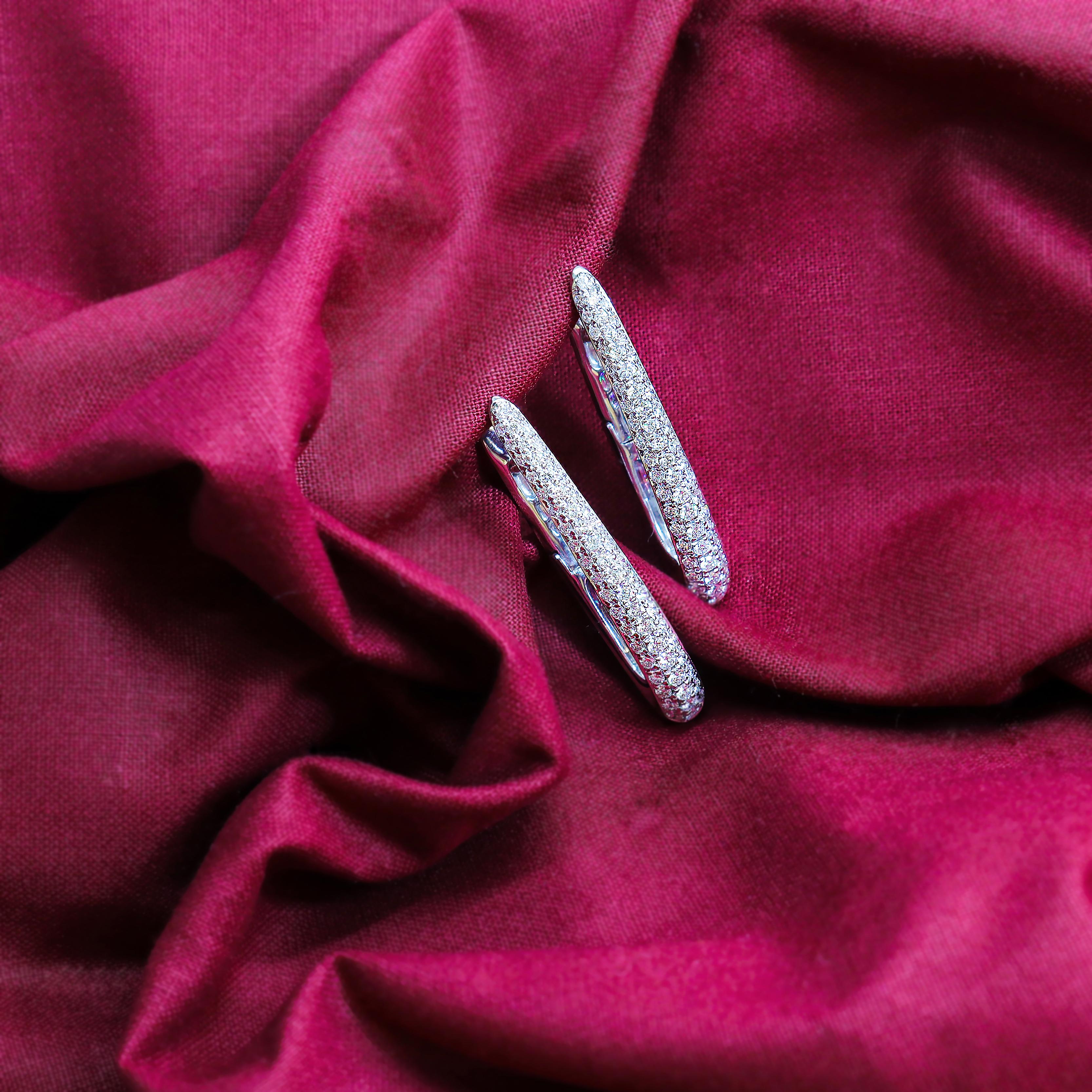 Brilliant Cut Georgios Collections 18 Karat White Gold Long Oval Hoop Diamond Earrings For Sale