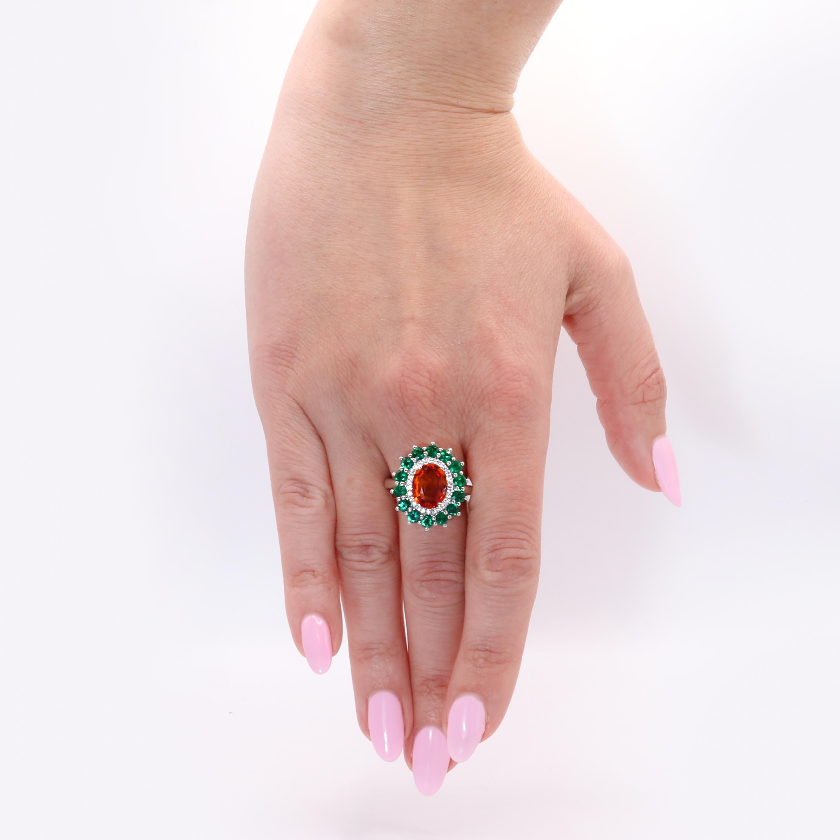 Georgios Collections 18 Karat White Gold Orange Sapphire and Emeralds Ring For Sale 4