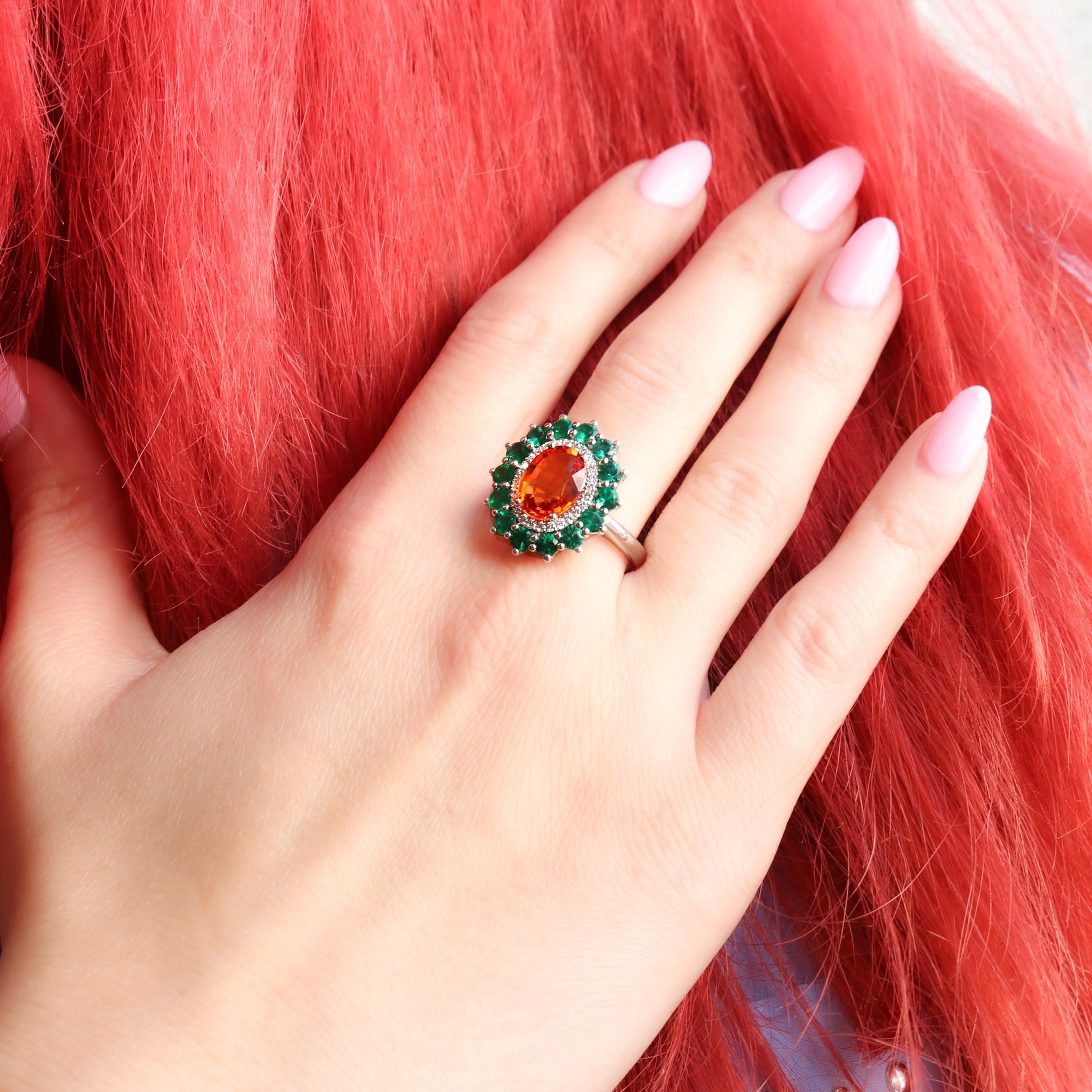 Georgios Collections 18 Karat White Gold Orange Sapphire and Emeralds Ring For Sale 6