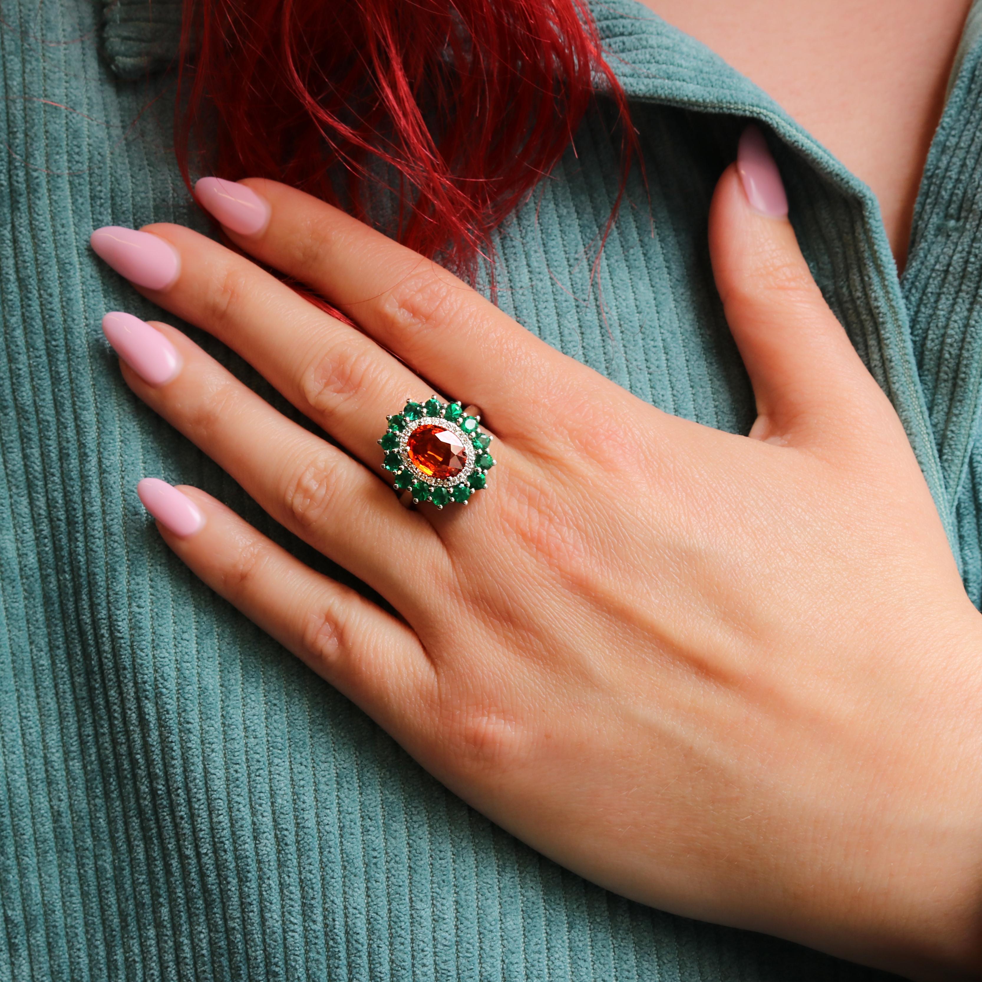 Georgios Collections 18 Karat White Gold Orange Sapphire and Emeralds Ring For Sale 8