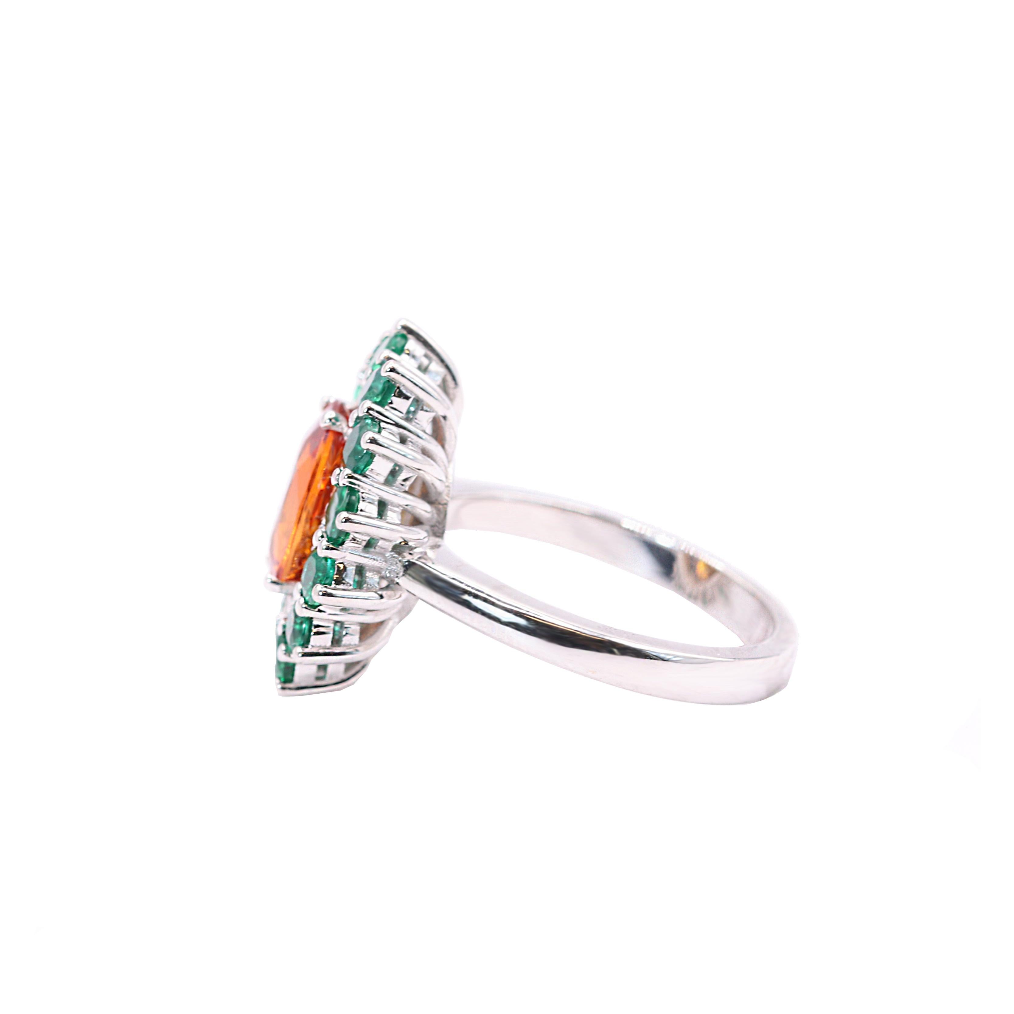 Contemporary Georgios Collections 18 Karat White Gold Orange Sapphire and Emeralds Ring For Sale