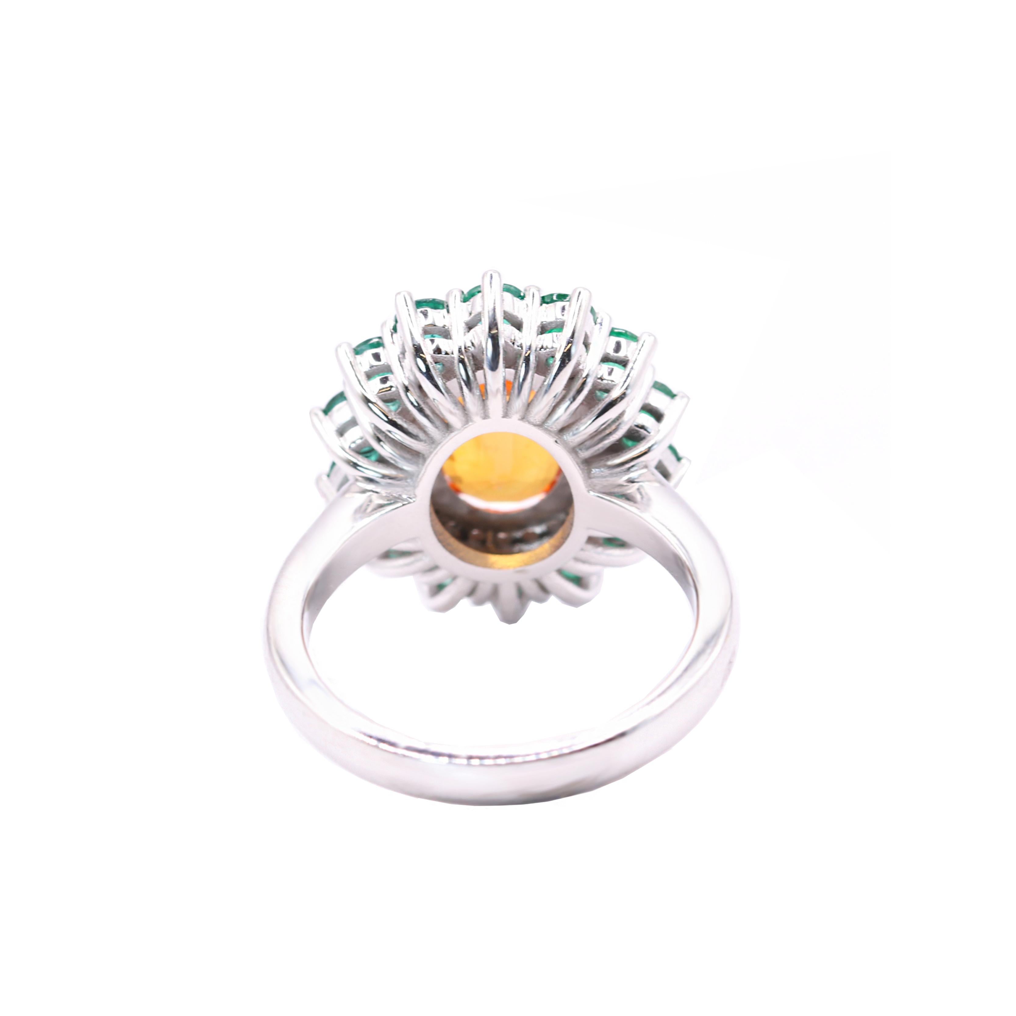 Oval Cut Georgios Collections 18 Karat White Gold Orange Sapphire and Emeralds Ring For Sale