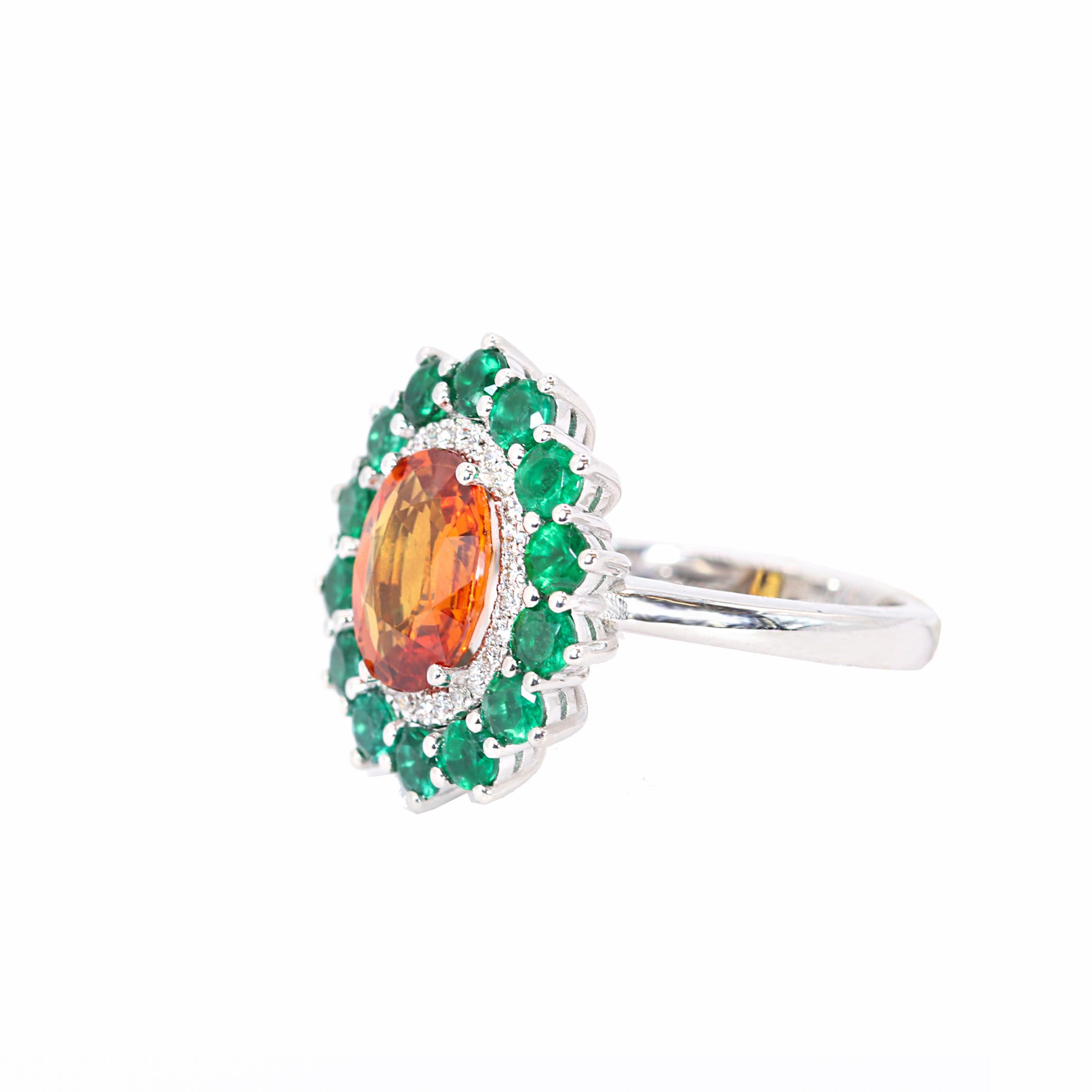 Georgios Collections 18 Karat White Gold Orange Sapphire and Emeralds Ring In New Condition For Sale In Astoria, NY