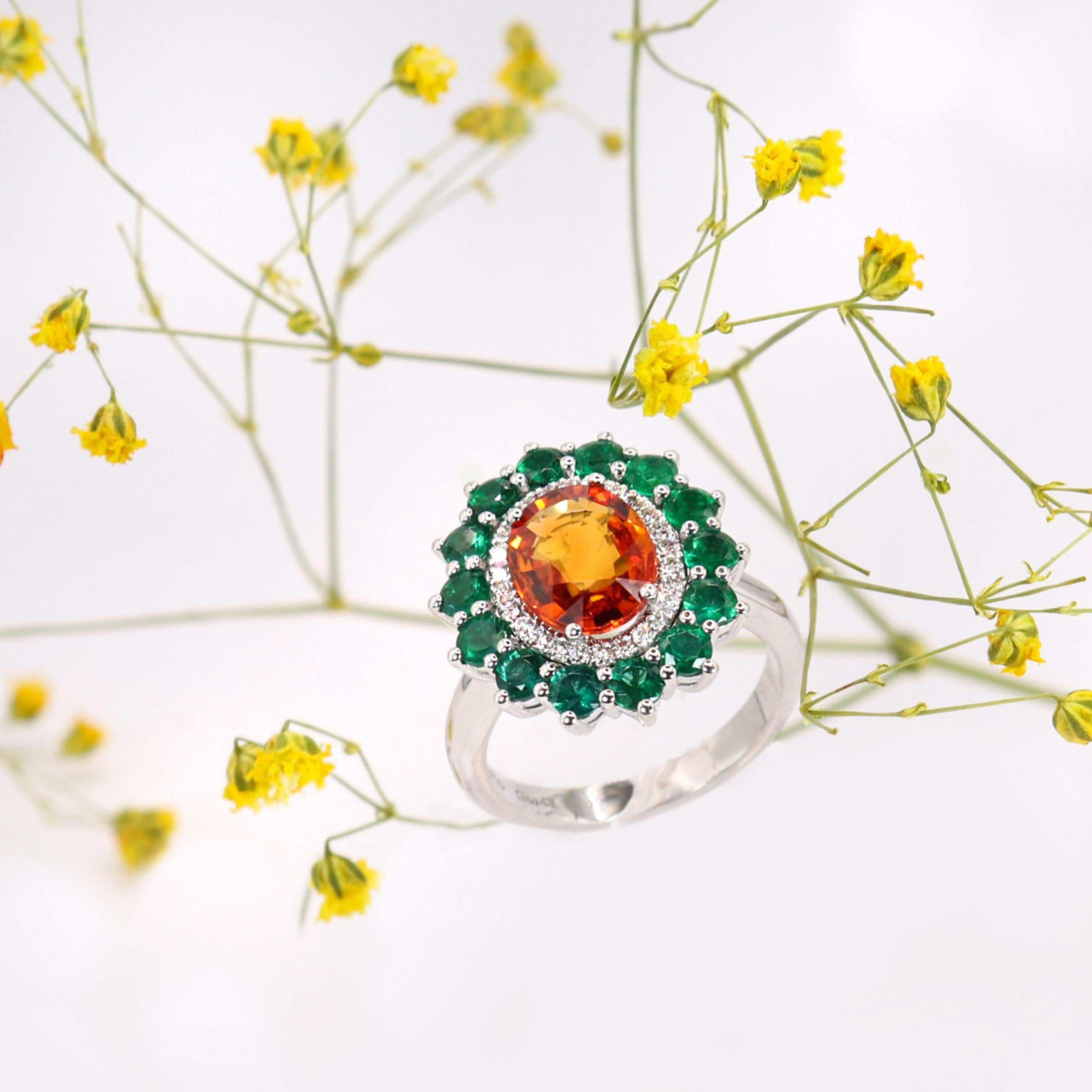 Women's Georgios Collections 18 Karat White Gold Orange Sapphire and Emeralds Ring For Sale