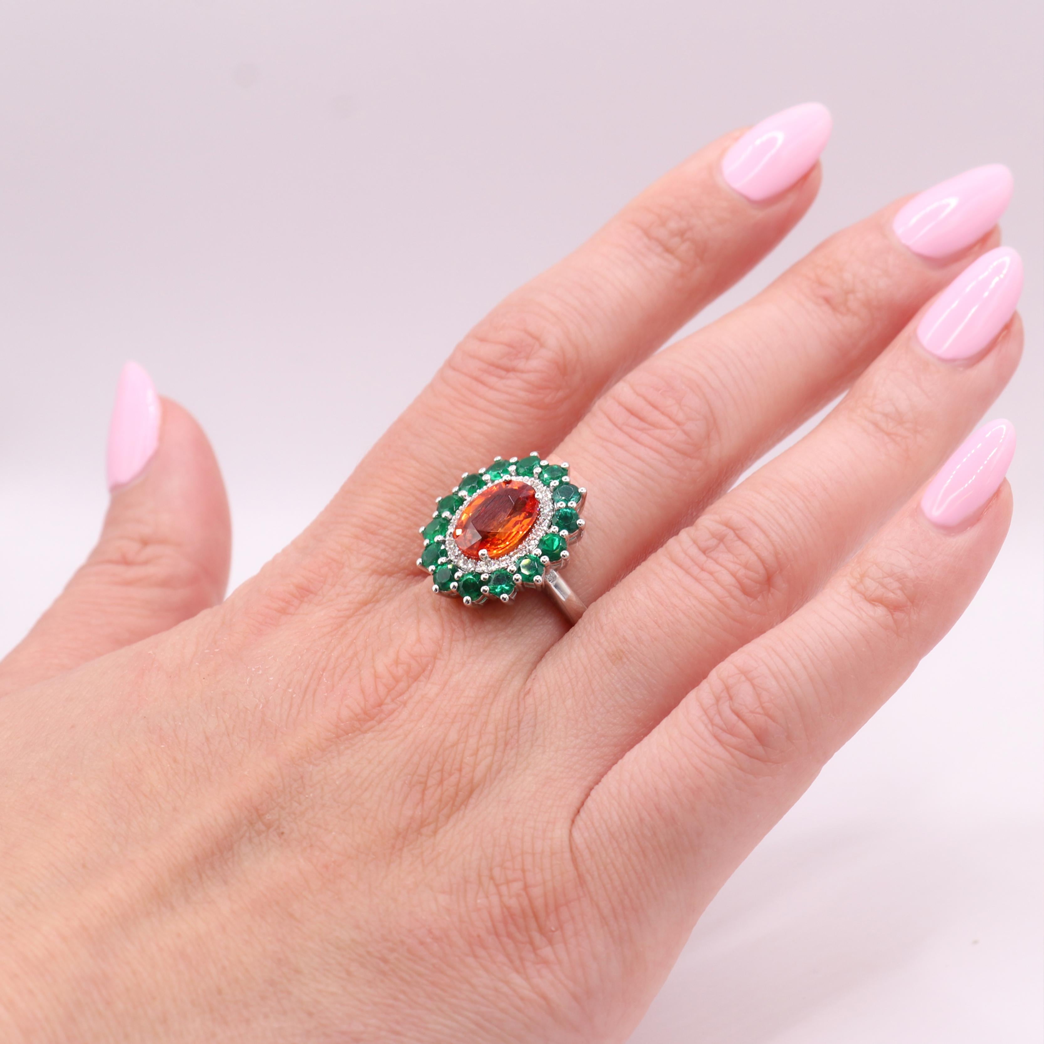 Georgios Collections 18 Karat White Gold Orange Sapphire and Emeralds Ring For Sale 1