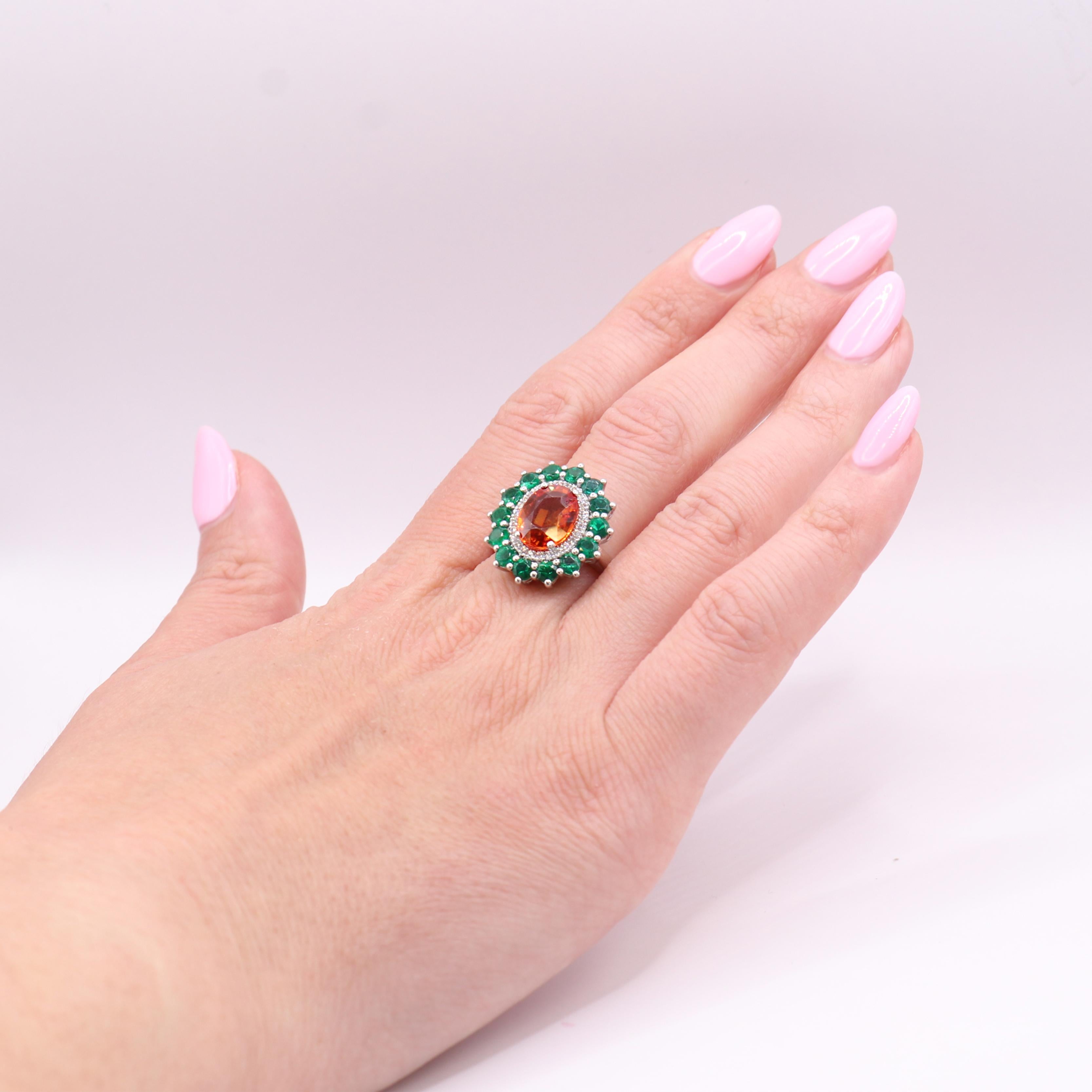 Georgios Collections 18 Karat White Gold Orange Sapphire and Emeralds Ring For Sale 2