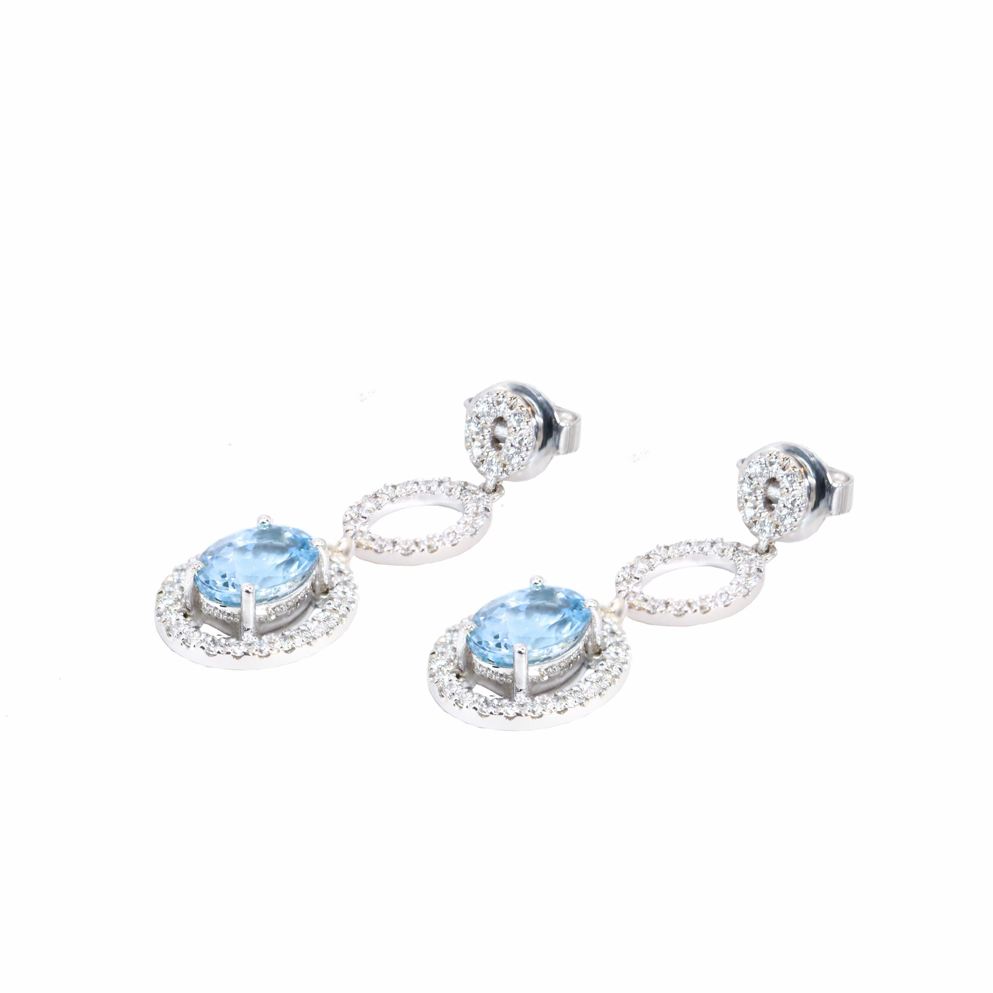 Oval Cut Georgios Collections 18 Karat White Gold Oval Aquamarine Earrings with Diamonds For Sale