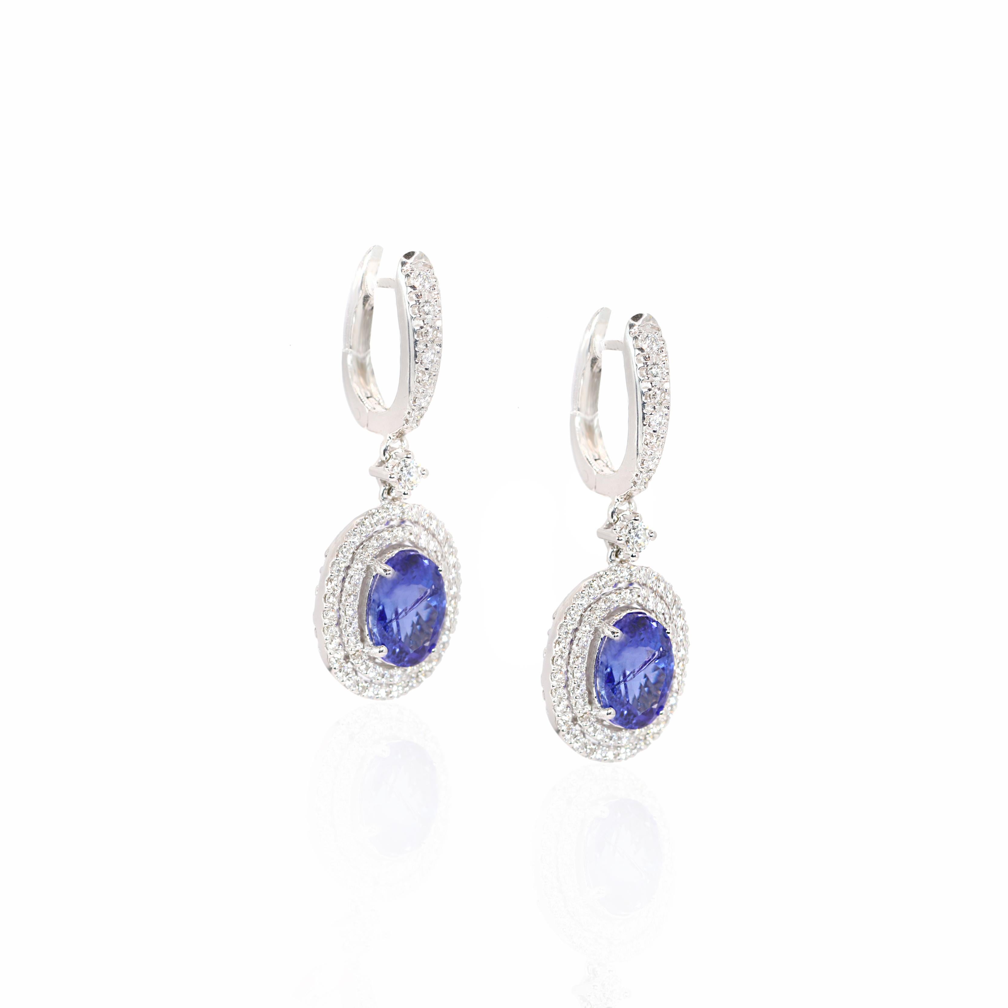 Modern Georgios Collections 18 Karat White Gold Oval Tanzanite Earrings with Diamonds For Sale