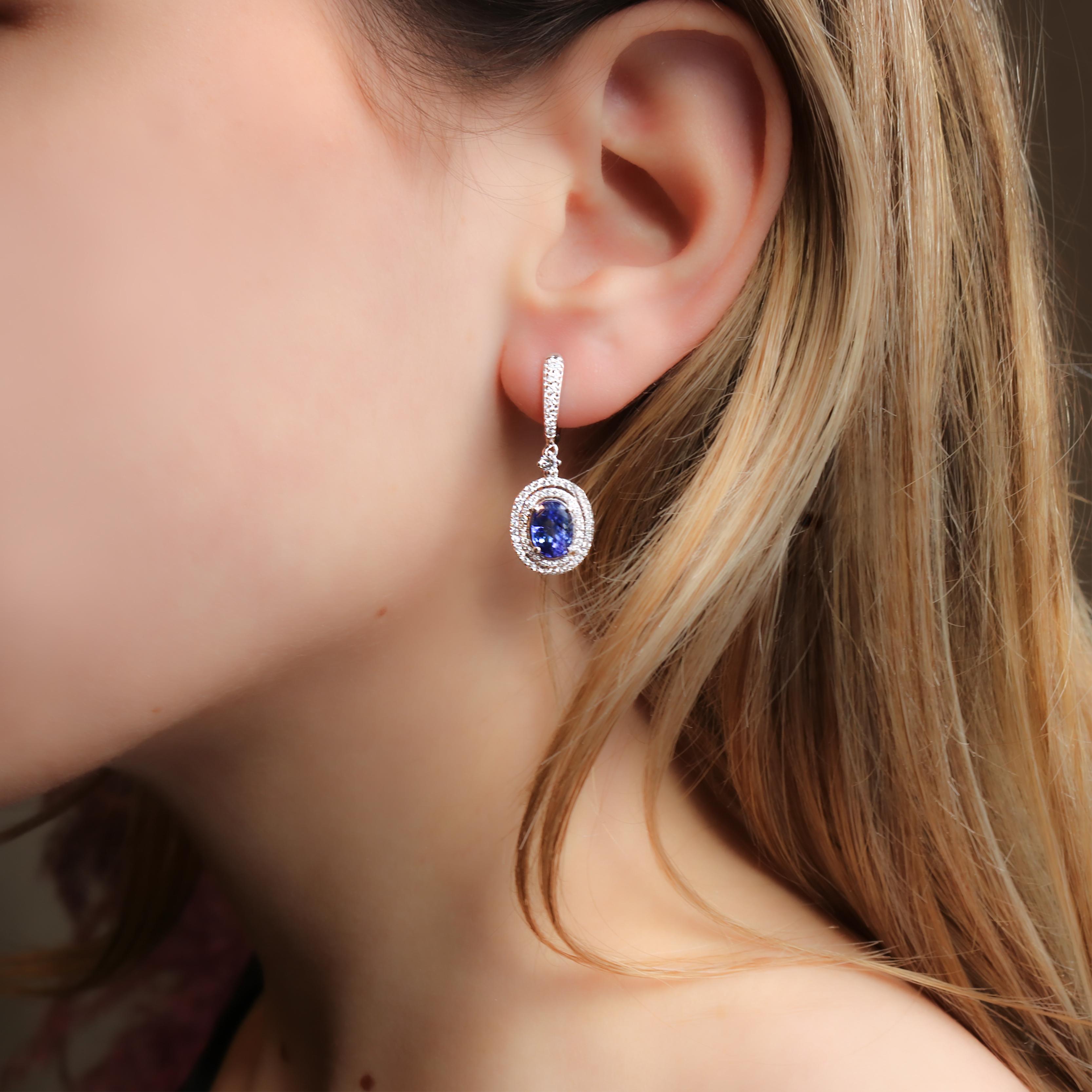 Women's Georgios Collections 18 Karat White Gold Oval Tanzanite Earrings with Diamonds For Sale