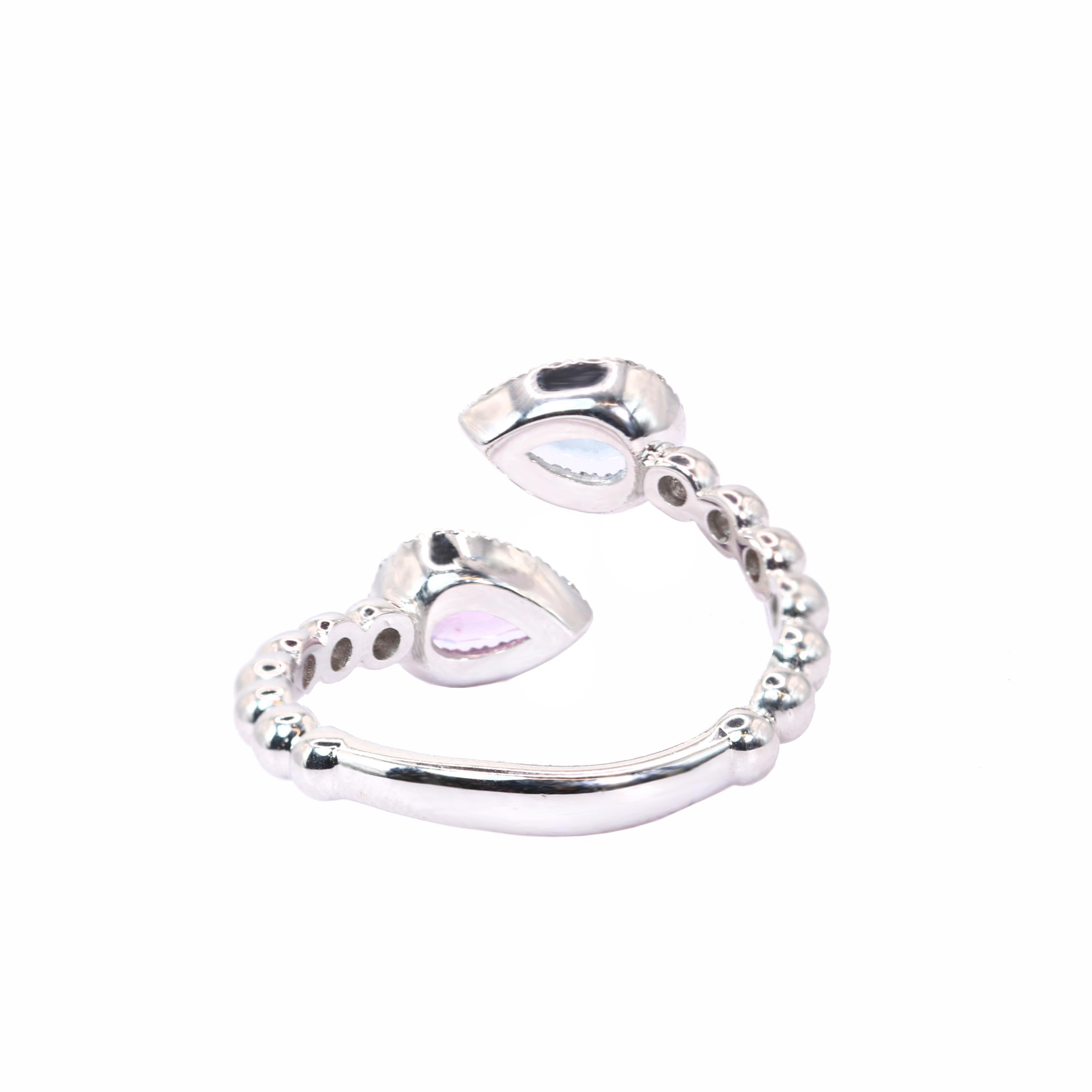 Pear Cut Georgios Collections 18 Karat White Gold Pear Aquamarine & Pink Sapphire Ring For Sale