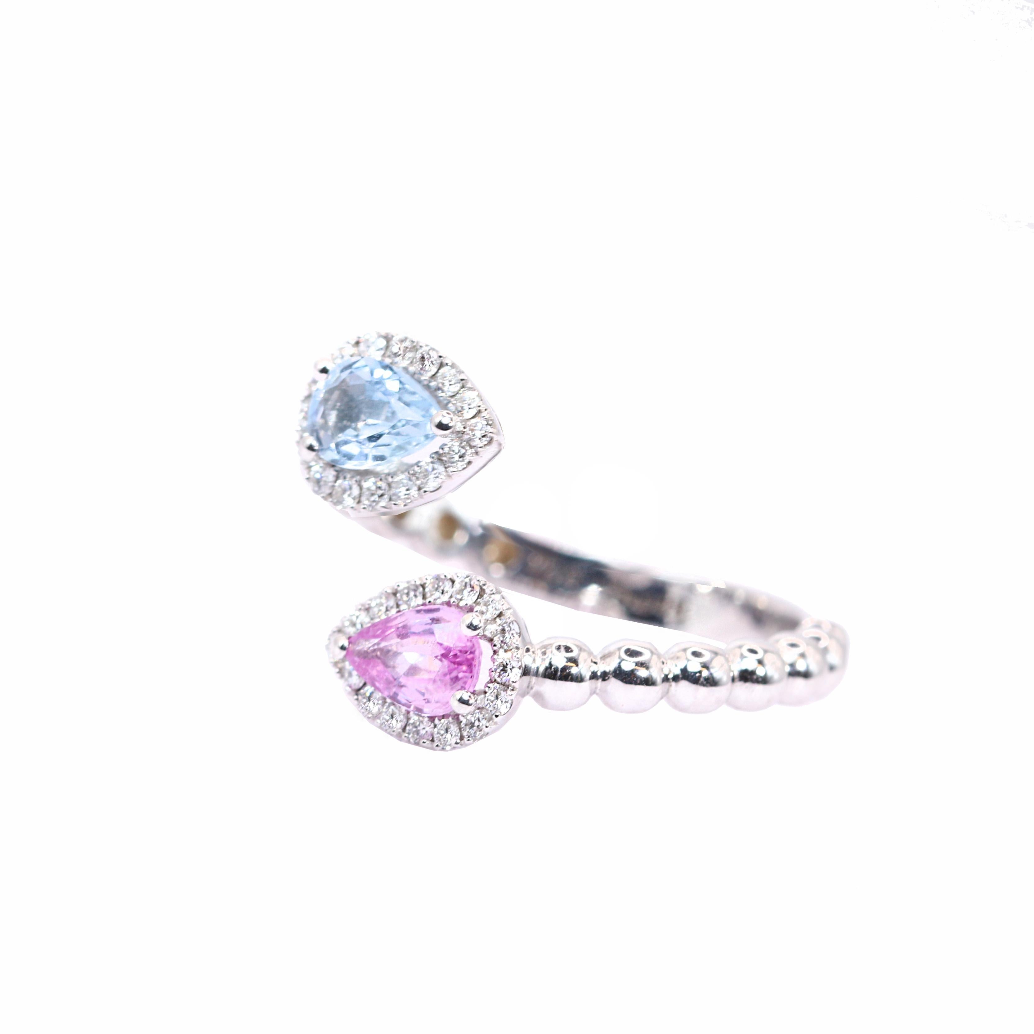 Georgios Collections 18 Karat White Gold Pear Aquamarine & Pink Sapphire Ring In New Condition For Sale In Astoria, NY