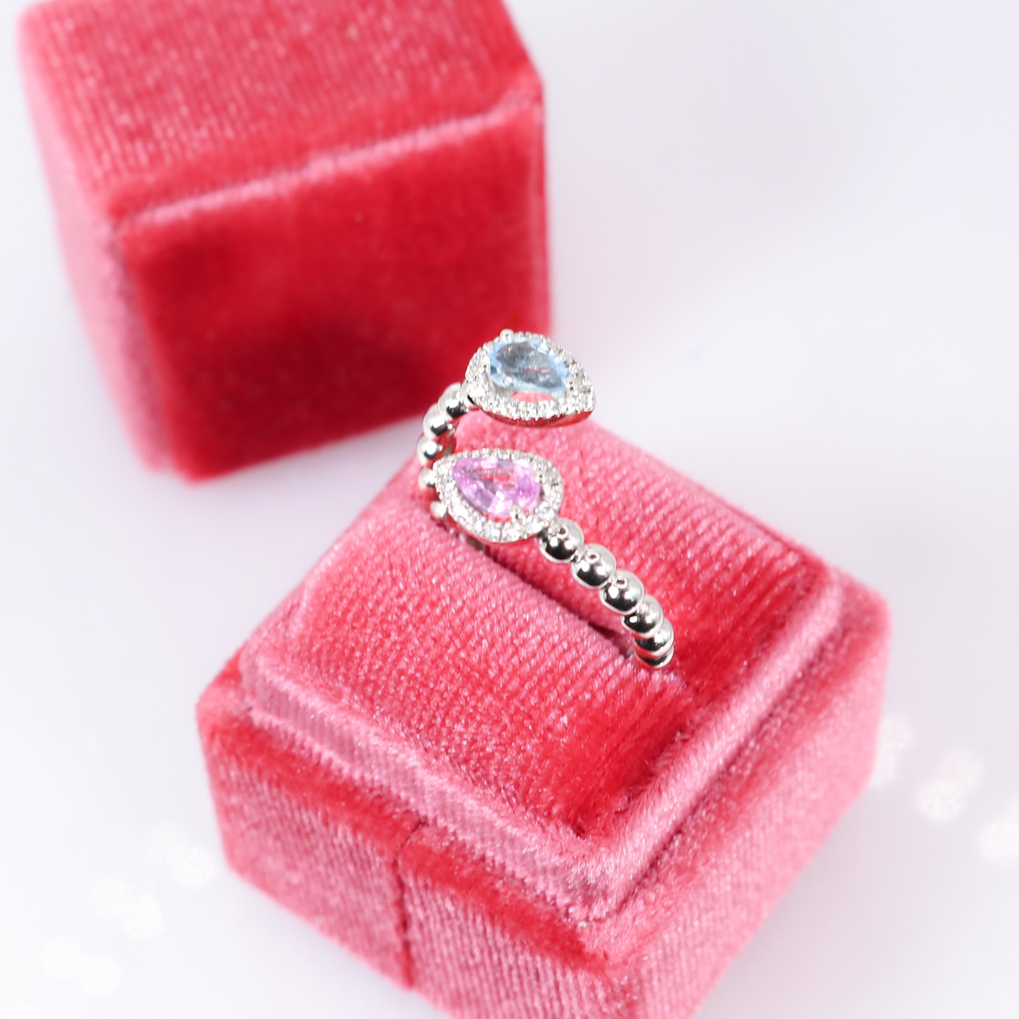Women's Georgios Collections 18 Karat White Gold Pear Aquamarine & Pink Sapphire Ring For Sale