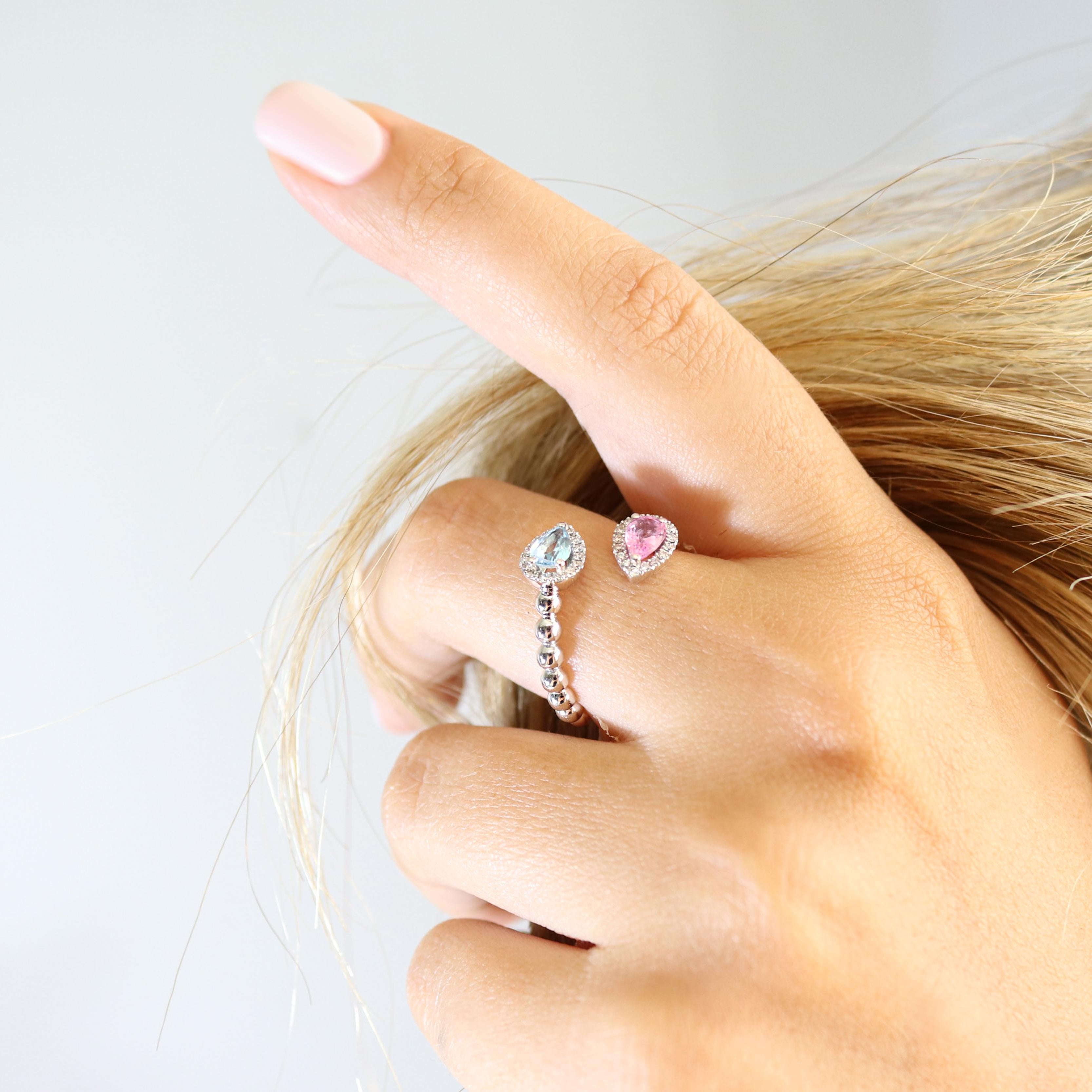 Georgios Collections 18 Karat White Gold Pear Aquamarine & Pink Sapphire Ring For Sale 2