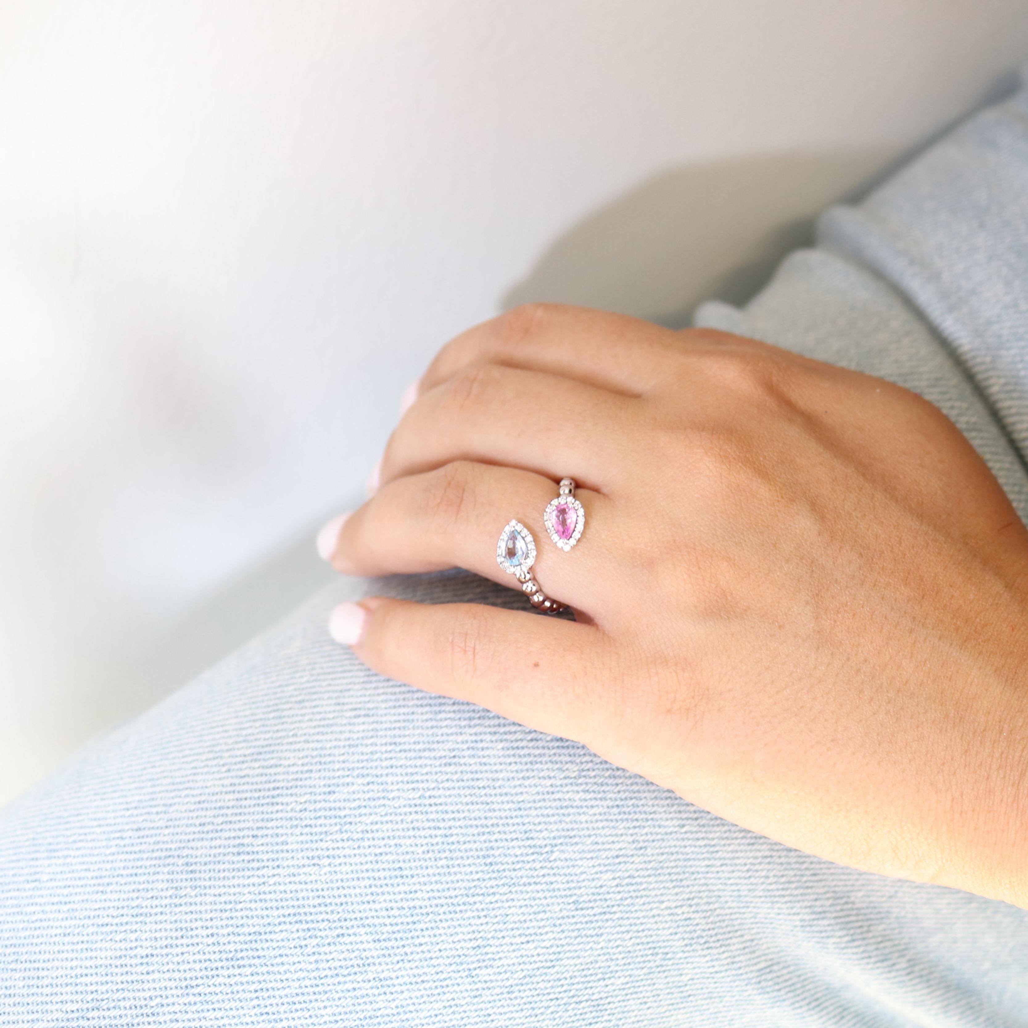 Georgios Collections 18 Karat White Gold Pear Aquamarine & Pink Sapphire Ring For Sale 3