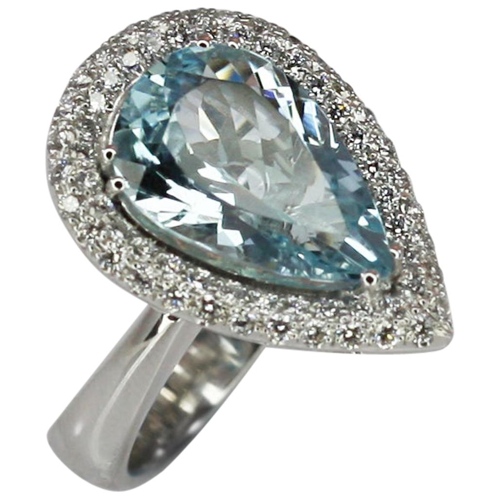Georgios Collections 18 Karat White Gold Pear Cut Aquamarine and Diamond Ring For Sale