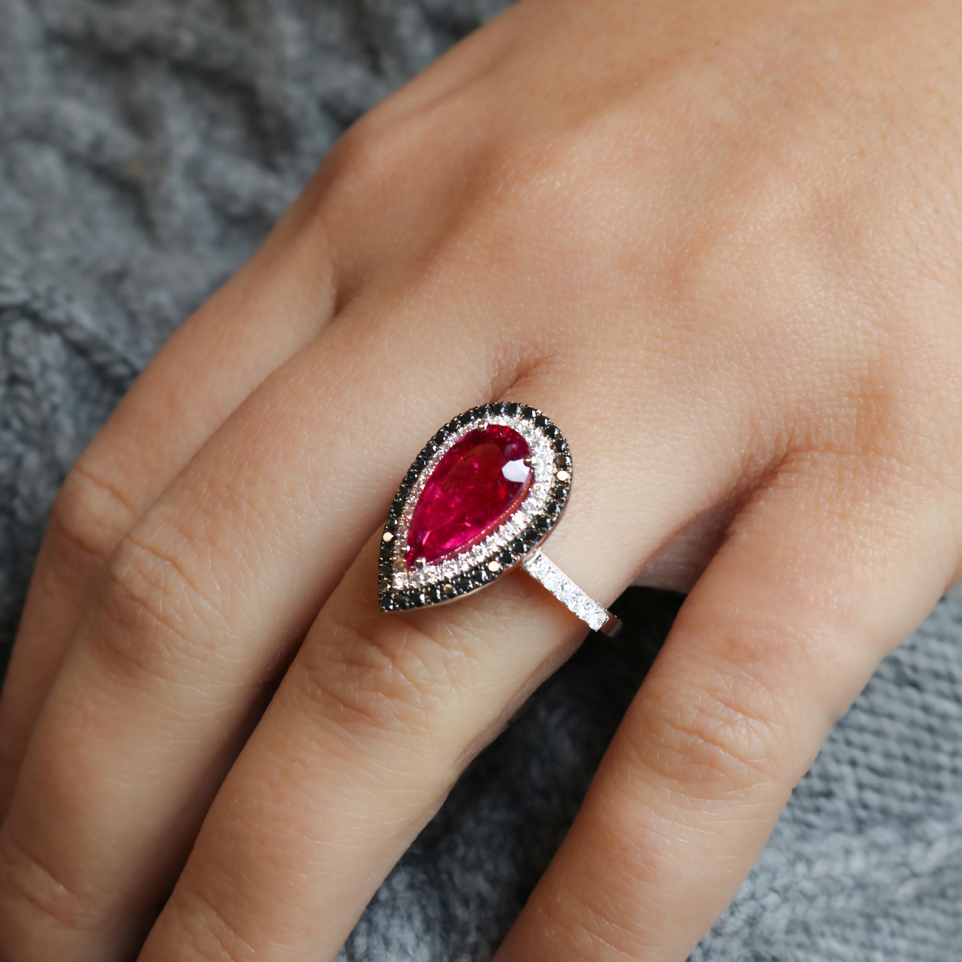 Georgios Collections 18 Karat White Gold Pear Rubelite Ring with Black Diamonds For Sale 5