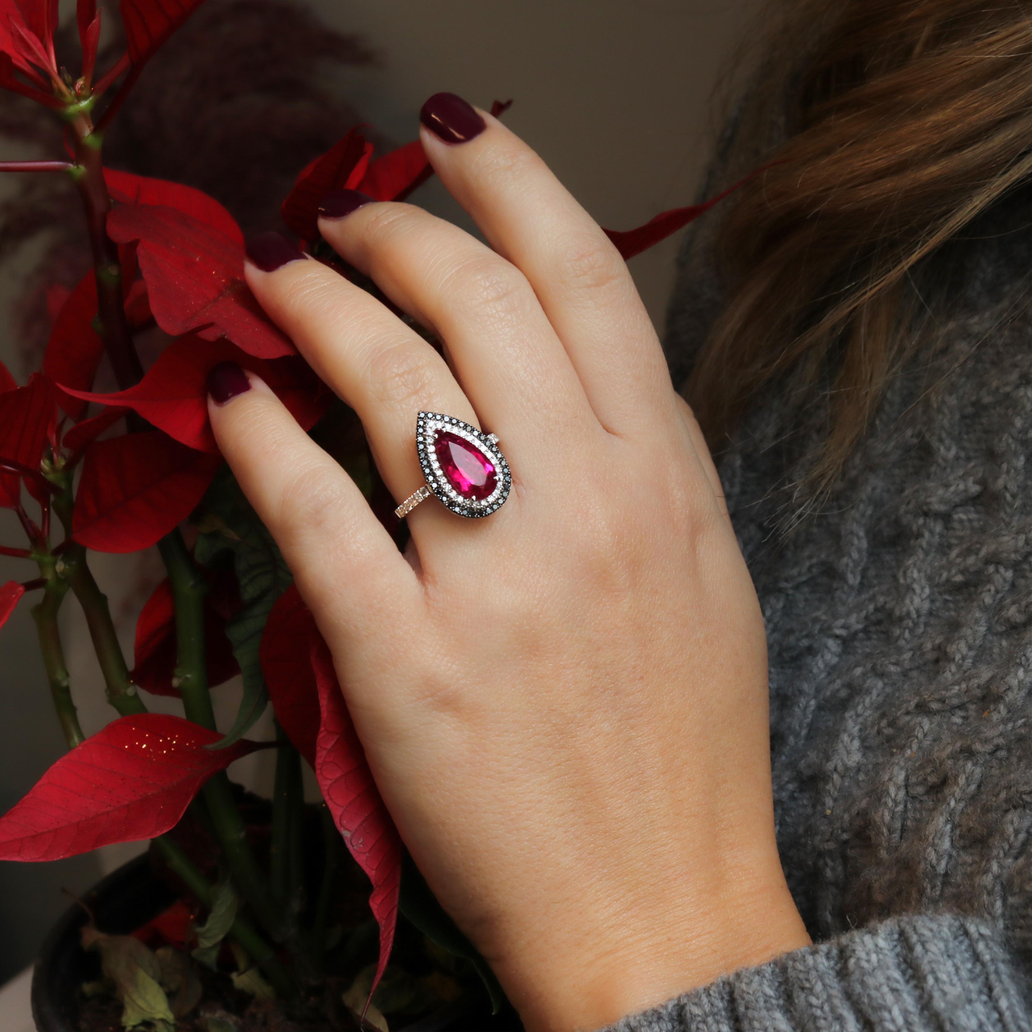 Georgios Collections 18 Karat White Gold Pear Rubelite Ring with Black Diamonds For Sale 7