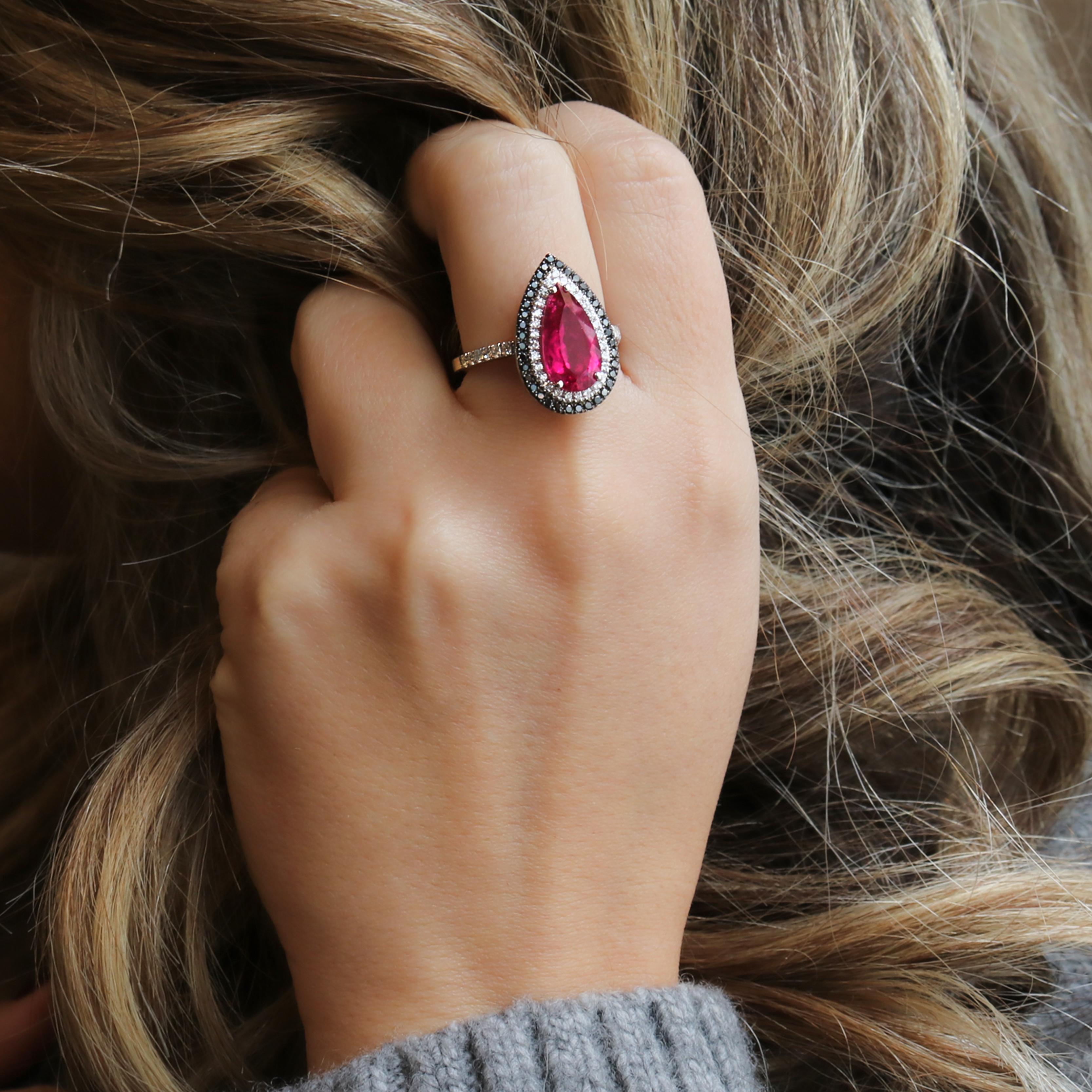Georgios Collections 18 Karat White Gold Pear Rubelite Ring with Black Diamonds For Sale 8