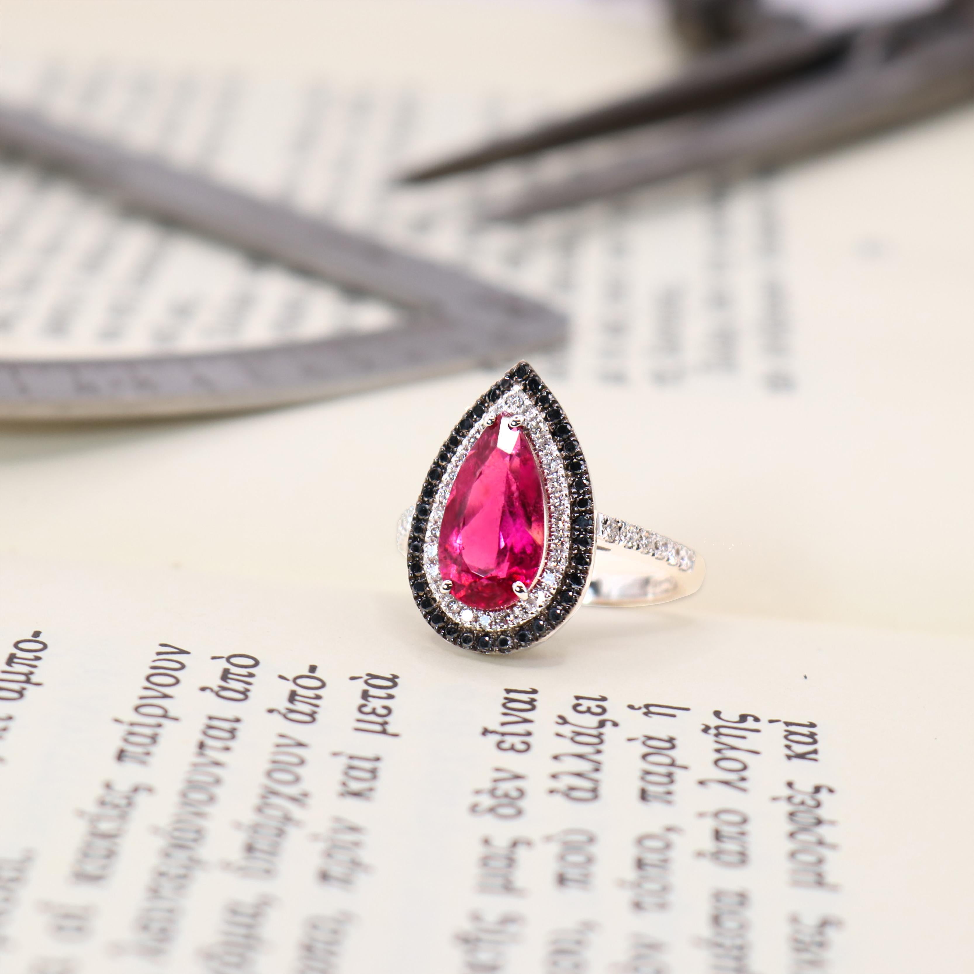 Women's Georgios Collections 18 Karat White Gold Pear Rubelite Ring with Black Diamonds For Sale