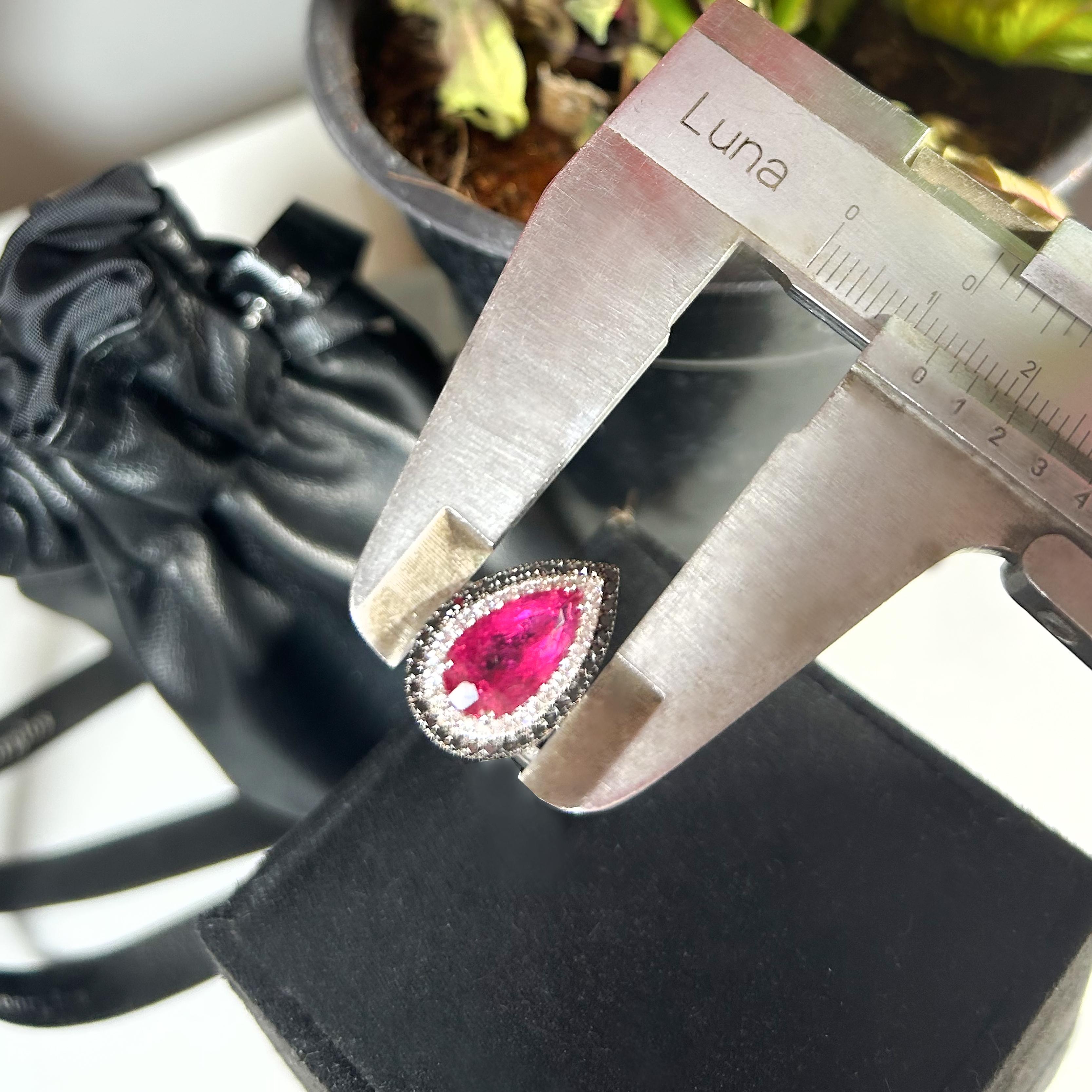 Georgios Collections 18 Karat White Gold Pear Rubelite Ring with Black Diamonds For Sale 1
