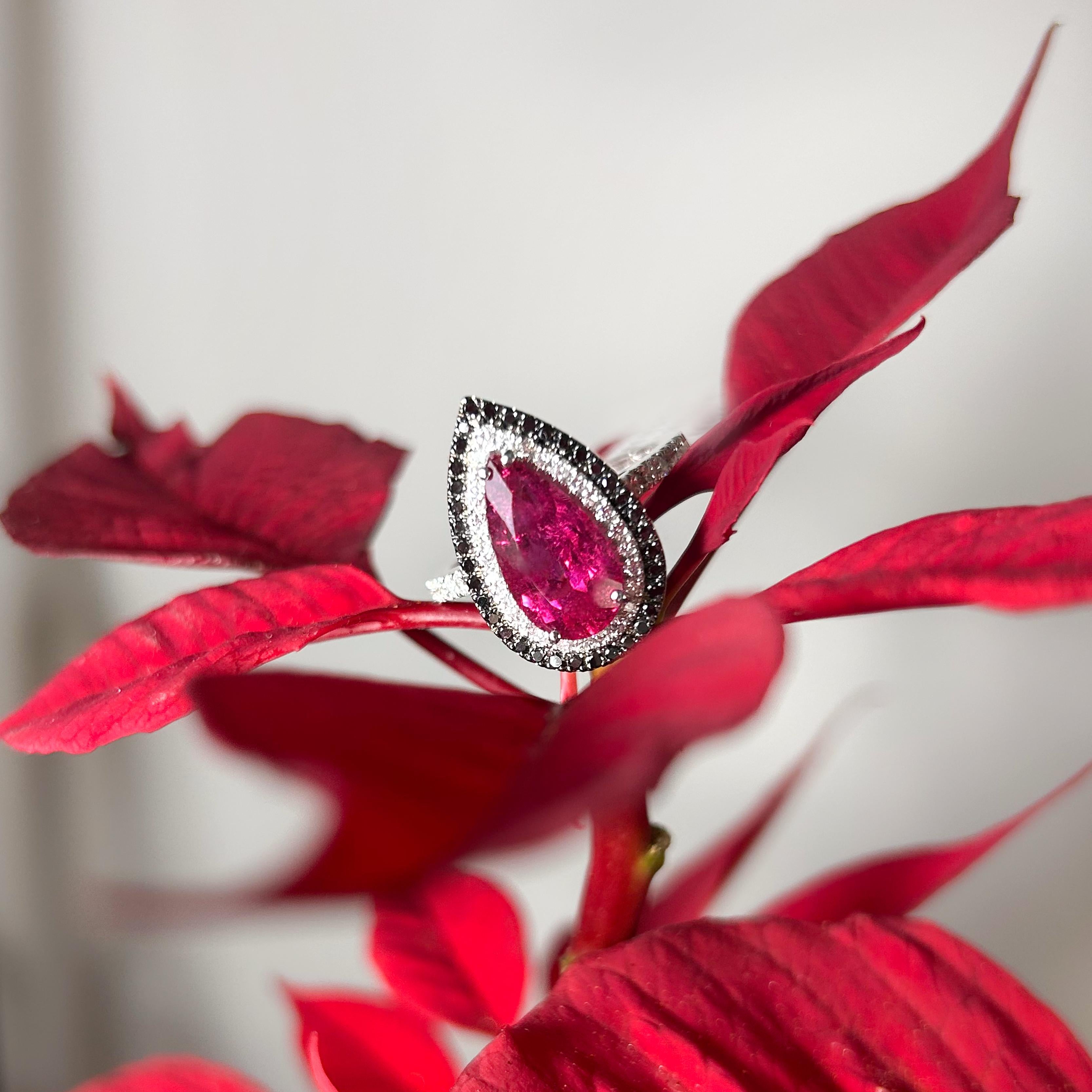 Georgios Collections 18 Karat White Gold Pear Rubelite Ring with Black Diamonds For Sale 3