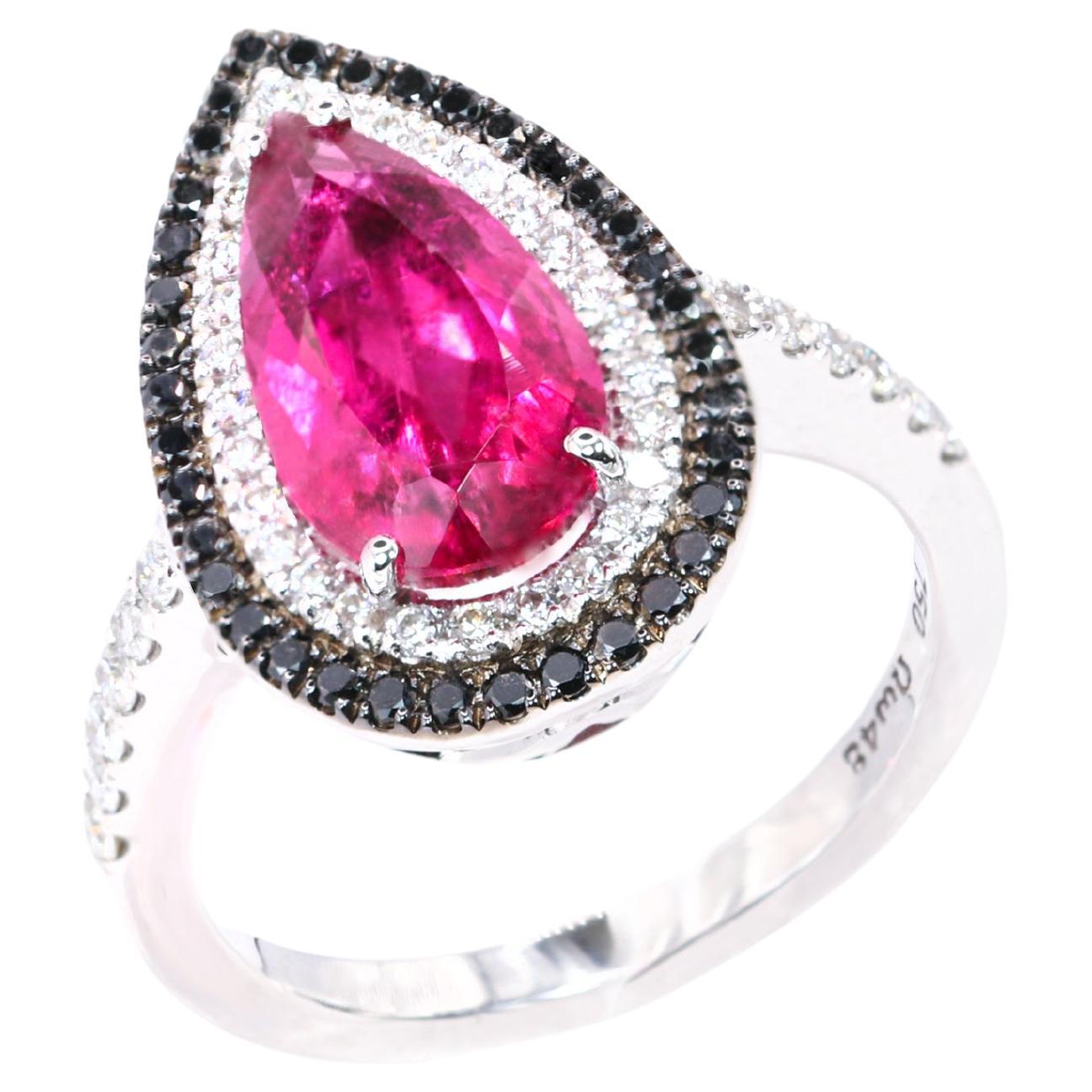 Georgios Collections 18 Karat White Gold Pear Rubelite Ring with Black Diamonds