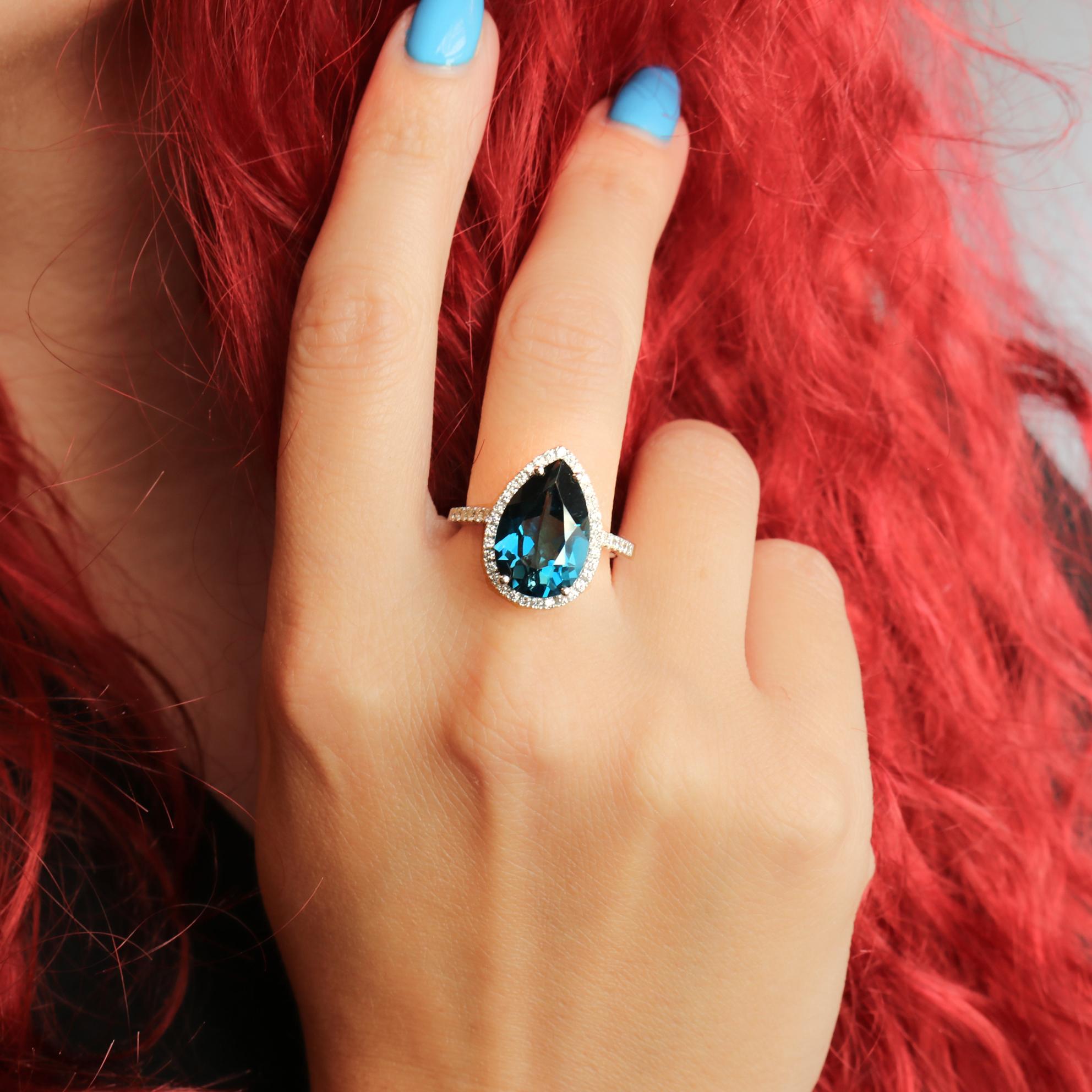 Georgios Collections 18 Karat White Gold Pear Blue Topaz Ring with Diamonds For Sale 4