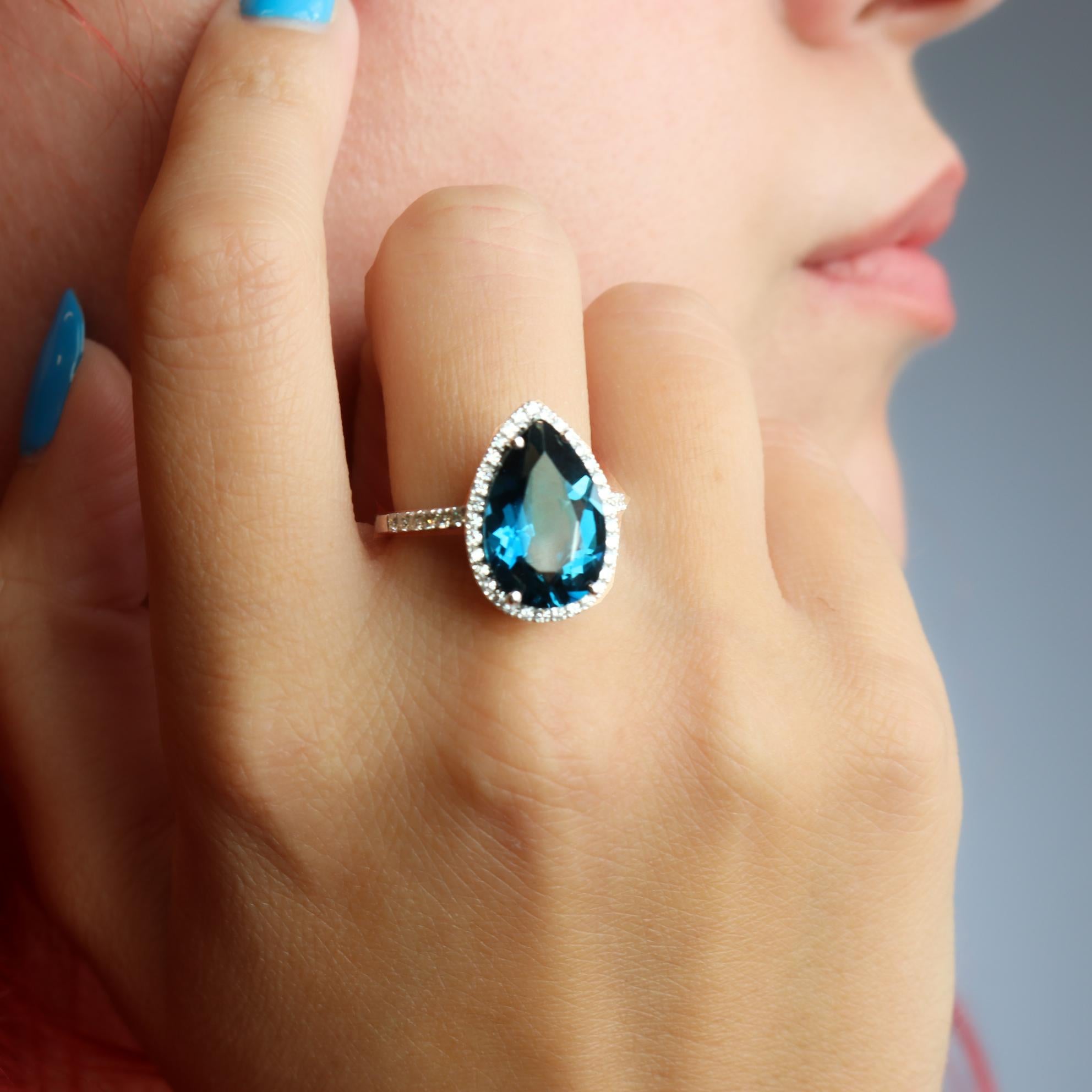 Georgios Collections 18 Karat White Gold Pear Blue Topaz Ring with Diamonds For Sale 6