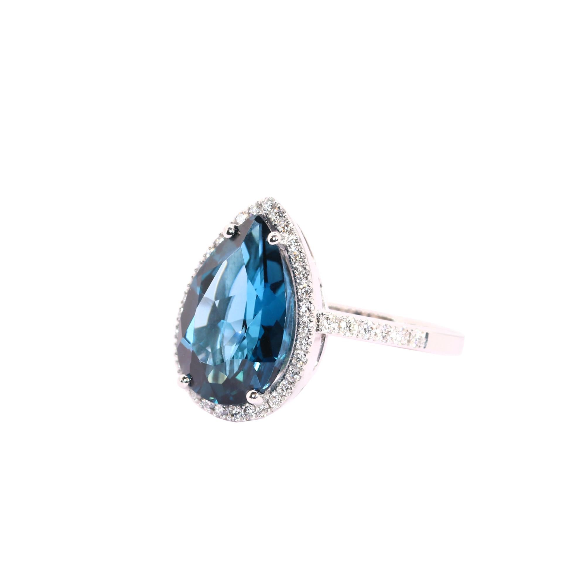 Georgios Collections 18 Karat White Gold Pear Blue Topaz Ring with Diamonds In New Condition For Sale In Astoria, NY