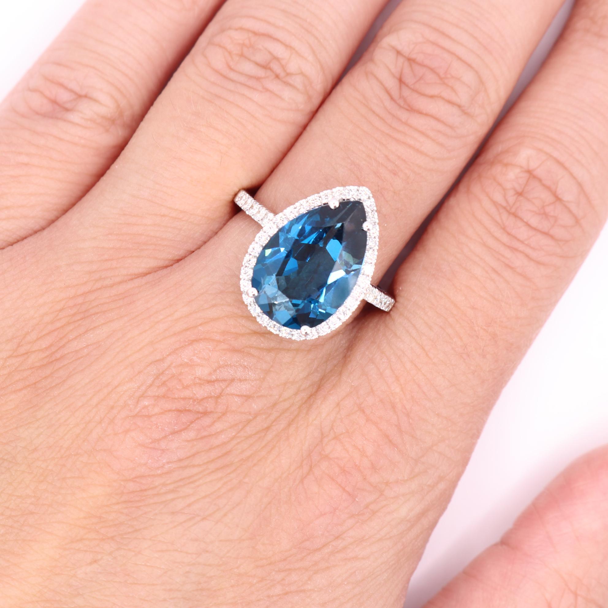 Women's Georgios Collections 18 Karat White Gold Pear Blue Topaz Ring with Diamonds For Sale