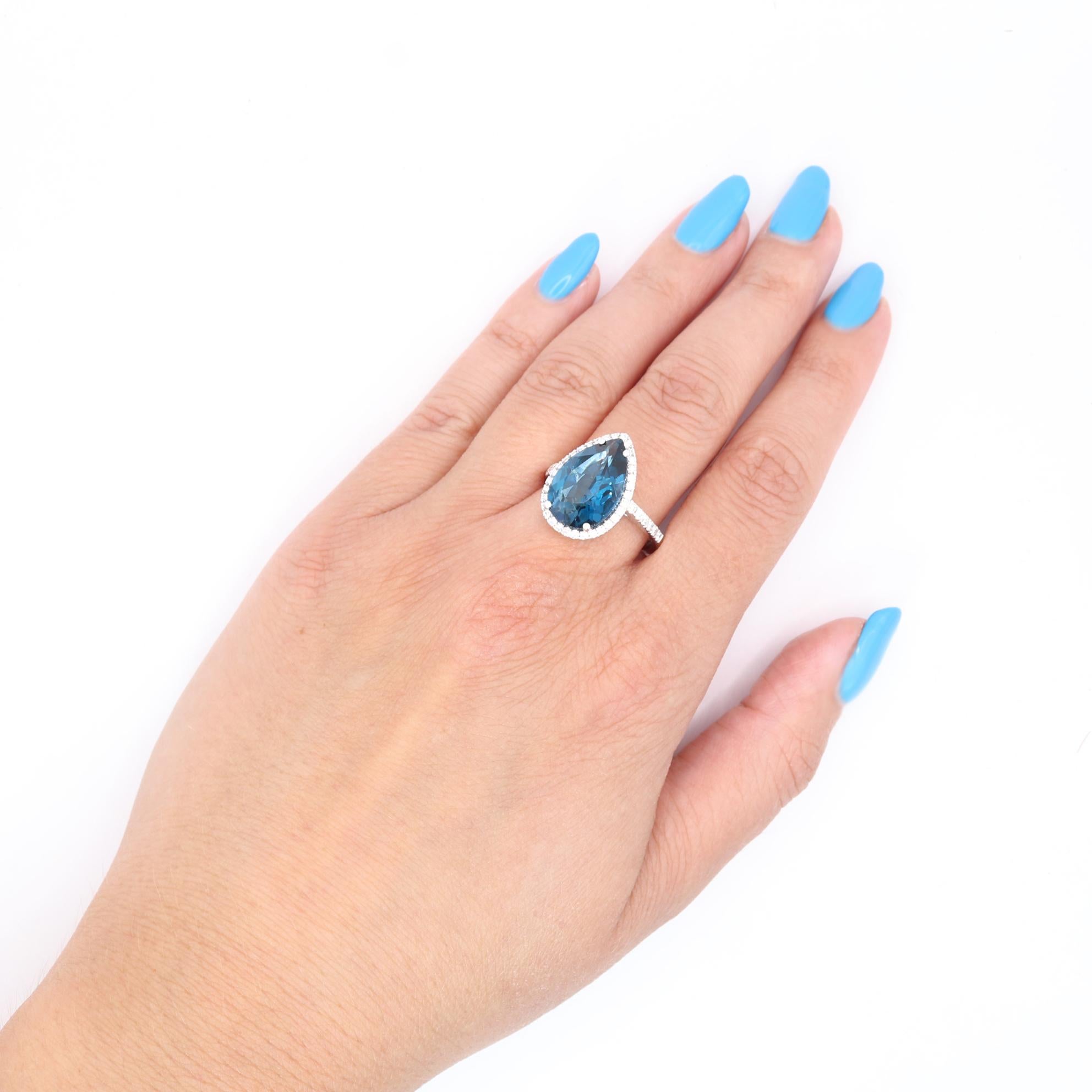Georgios Collections 18 Karat White Gold Pear Blue Topaz Ring with Diamonds For Sale 2