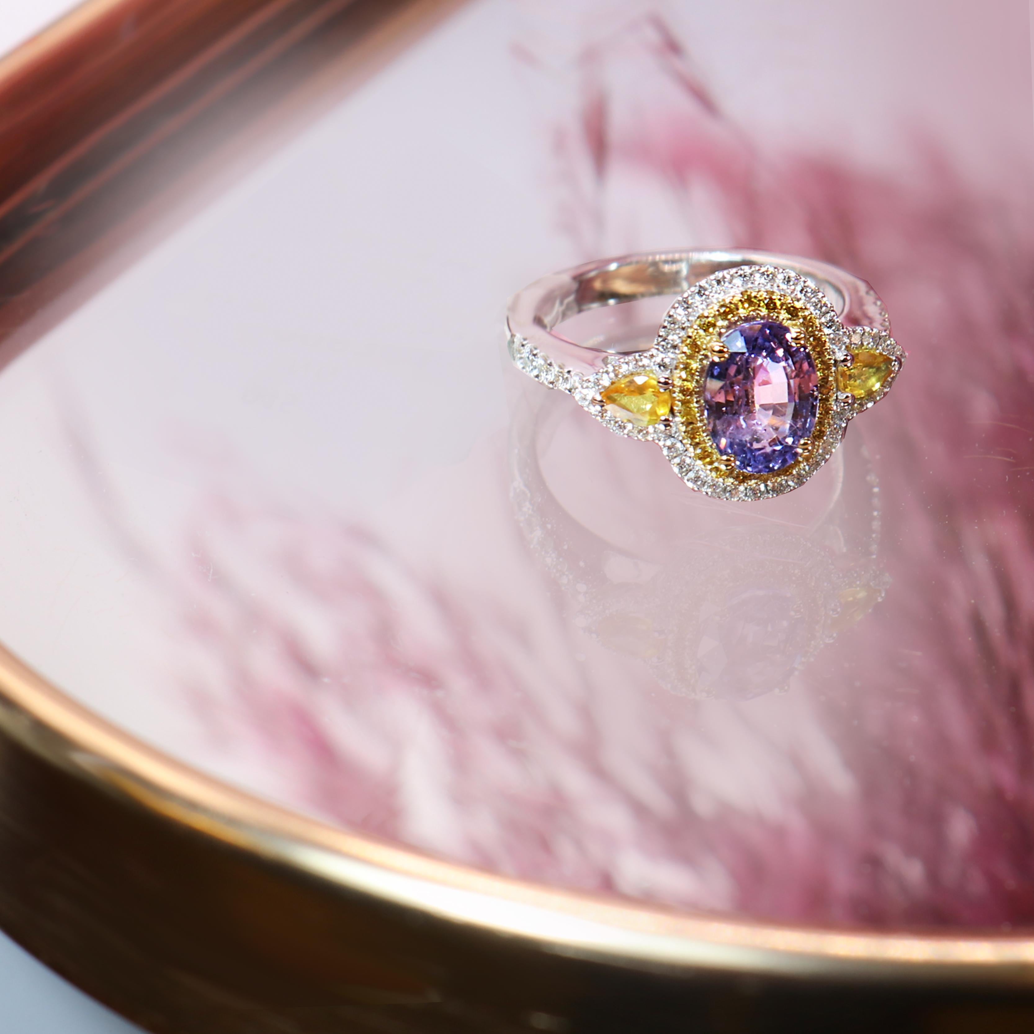 Women's Georgios Collections 18 Karat White Gold Purple and Yellow Sapphire Ring For Sale