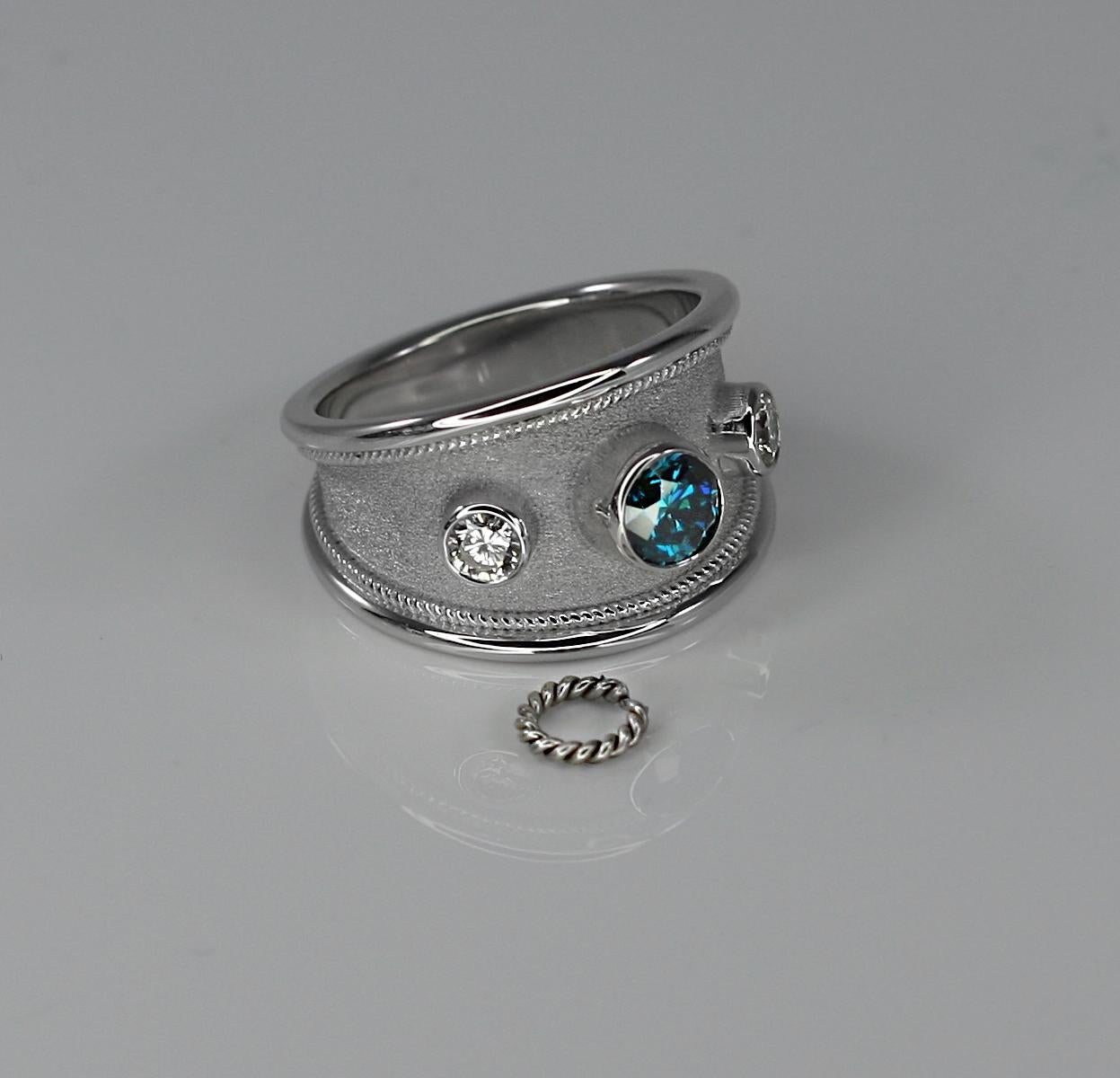 Georgios Collections 18 Karat White Gold Wide Ring with Blue and White Diamonds For Sale 9