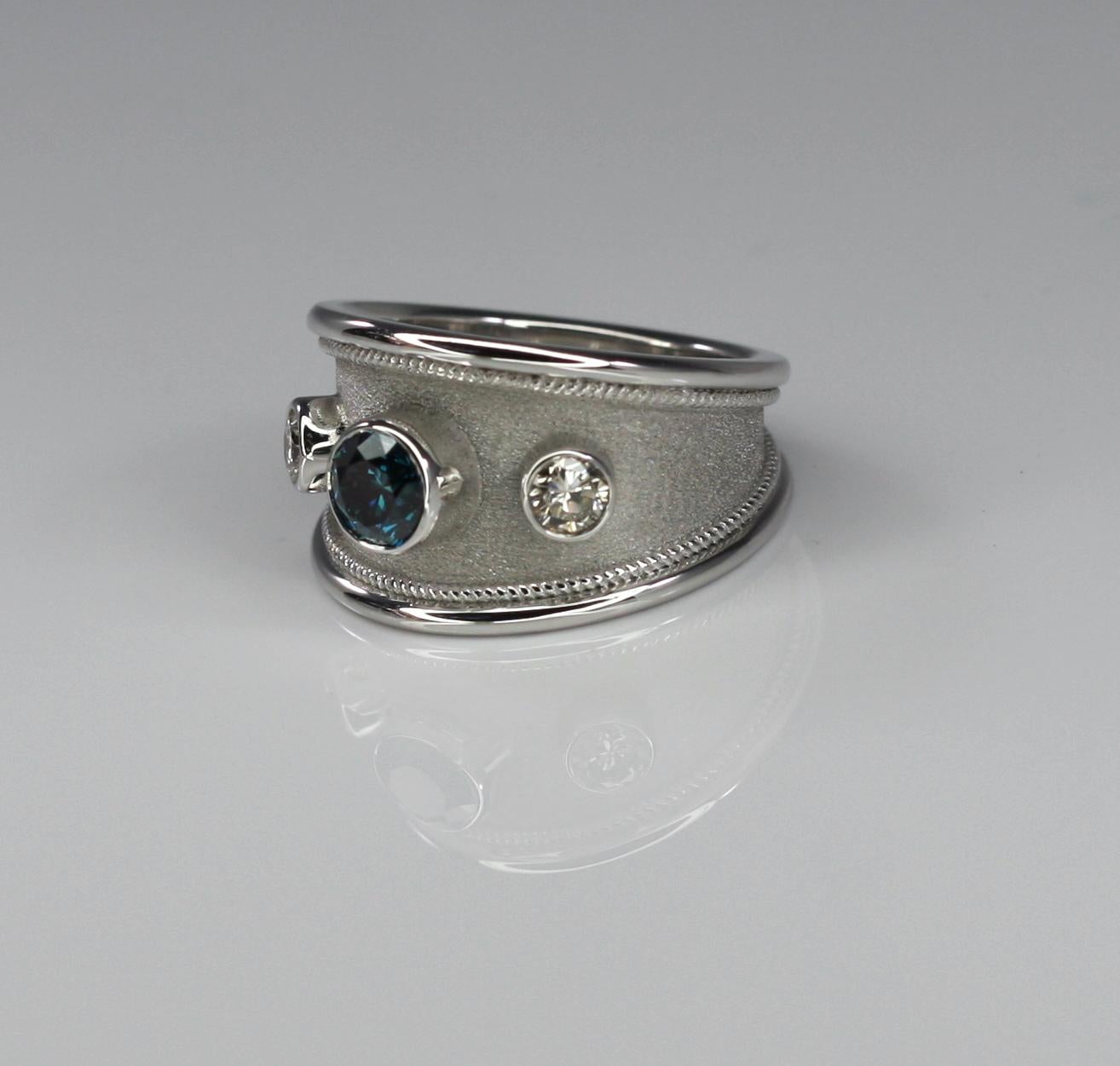 Georgios Collections 18 Karat White Gold Wide Ring with Blue and White Diamonds In New Condition For Sale In Astoria, NY
