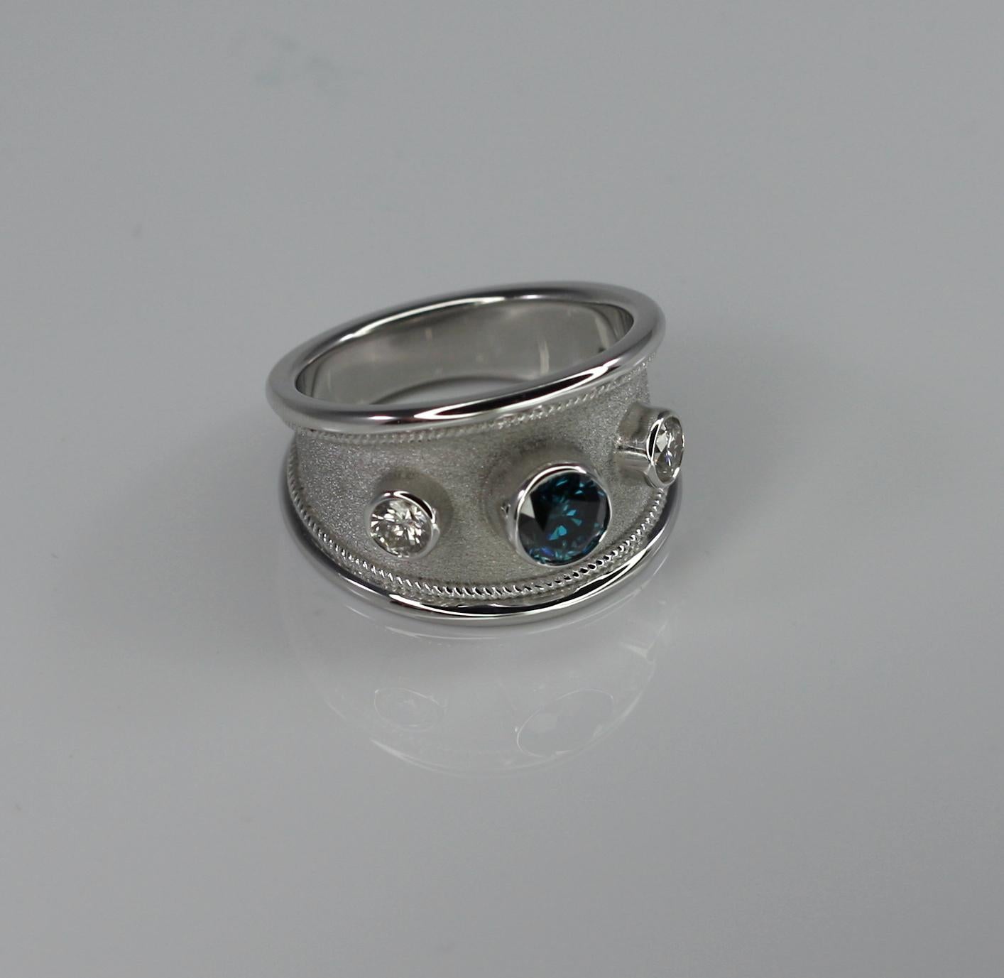 Georgios Collections 18 Karat White Gold Wide Ring with Blue and White Diamonds For Sale 3