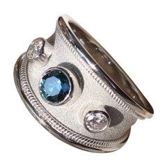 Georgios Collections 18 Karat White Gold Wide Ring with Blue and White Diamonds