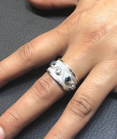 Georgios Collections 18 Karat White Gold Blue and White Diamond Wide Band Ring